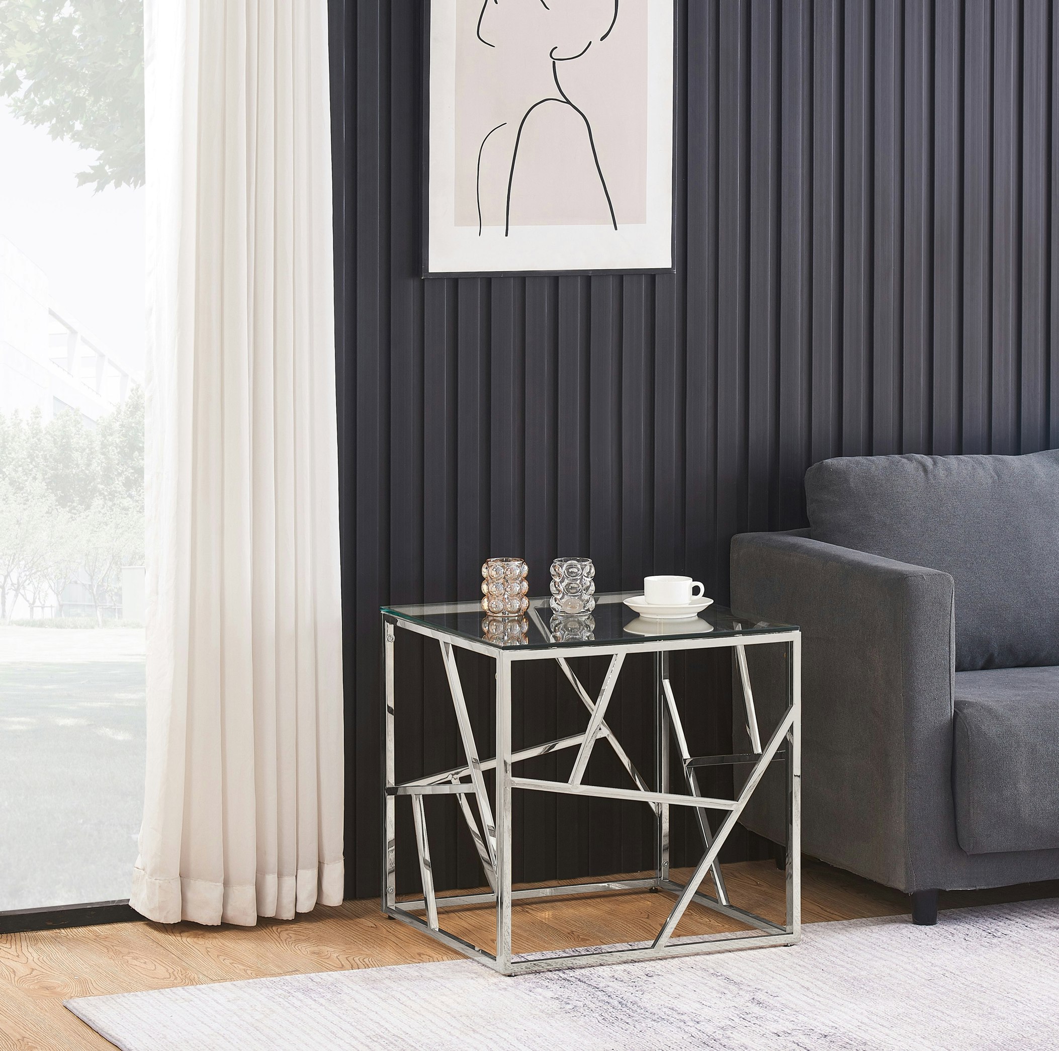 Comfy Living Gold/Silver Glass And Metal Square End Table Side Table In Or Living Room