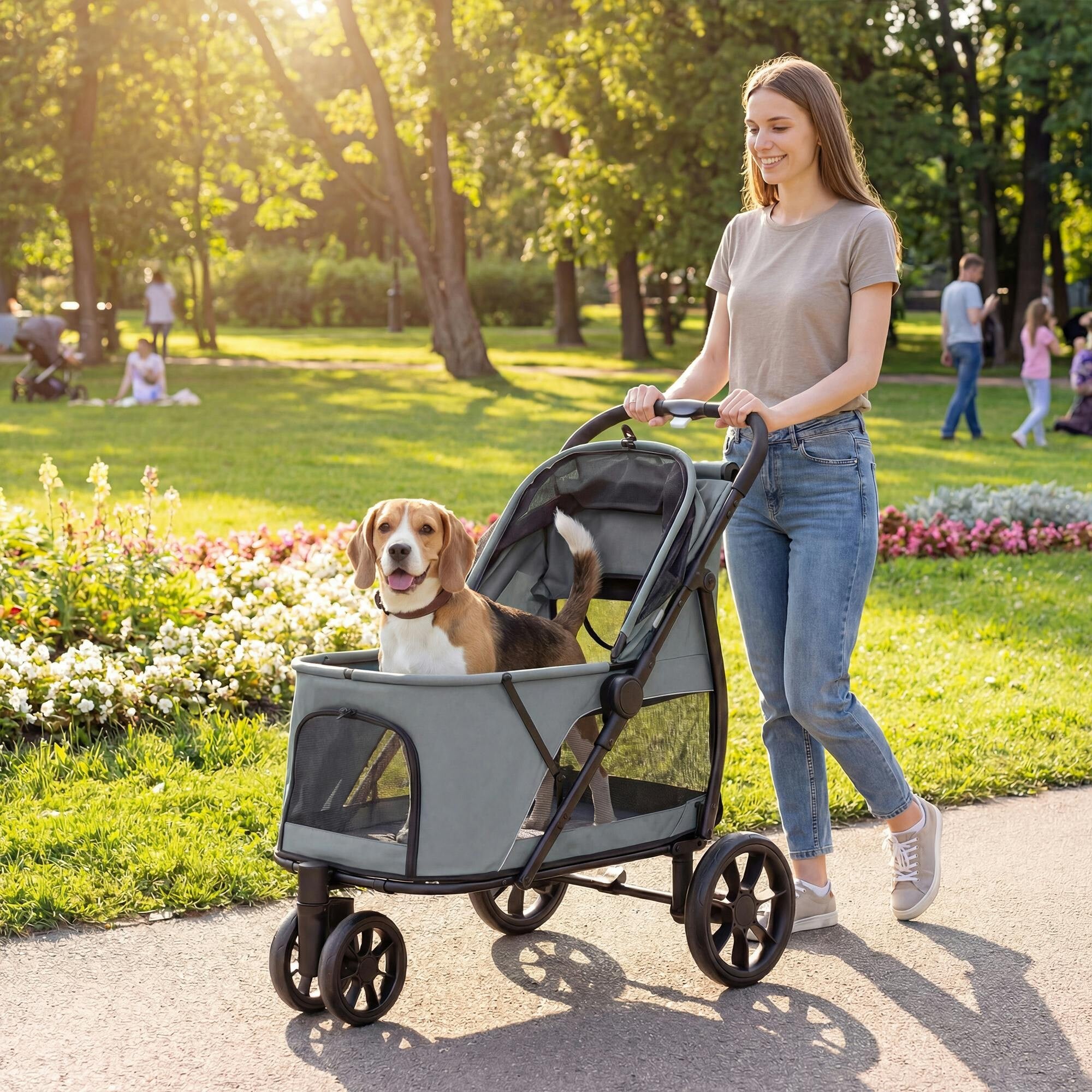 Pawhut Dog Stroller, 3 Wheels Pet Stroller With Easy One-Click Quick Fold