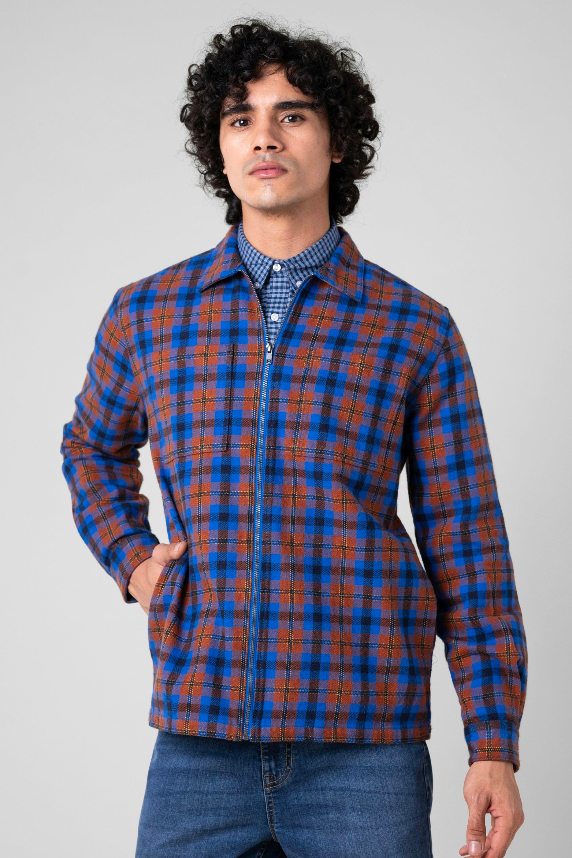 Enorsia Men's Blue Yarn Dyed Flannel Shacket - L - 100% Cotton