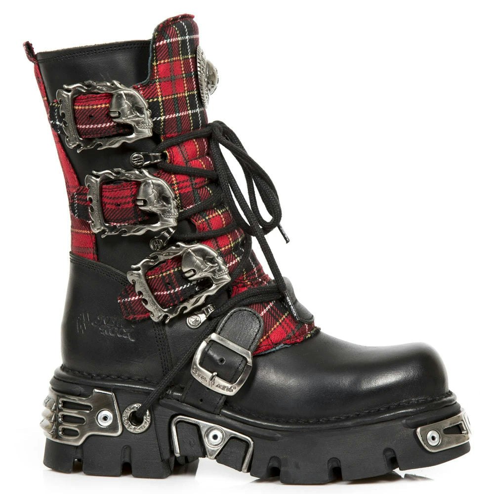 New Rock Black 391T-S1 Leather Tartan Gothic Boots Punk Emo Military - Eu 39