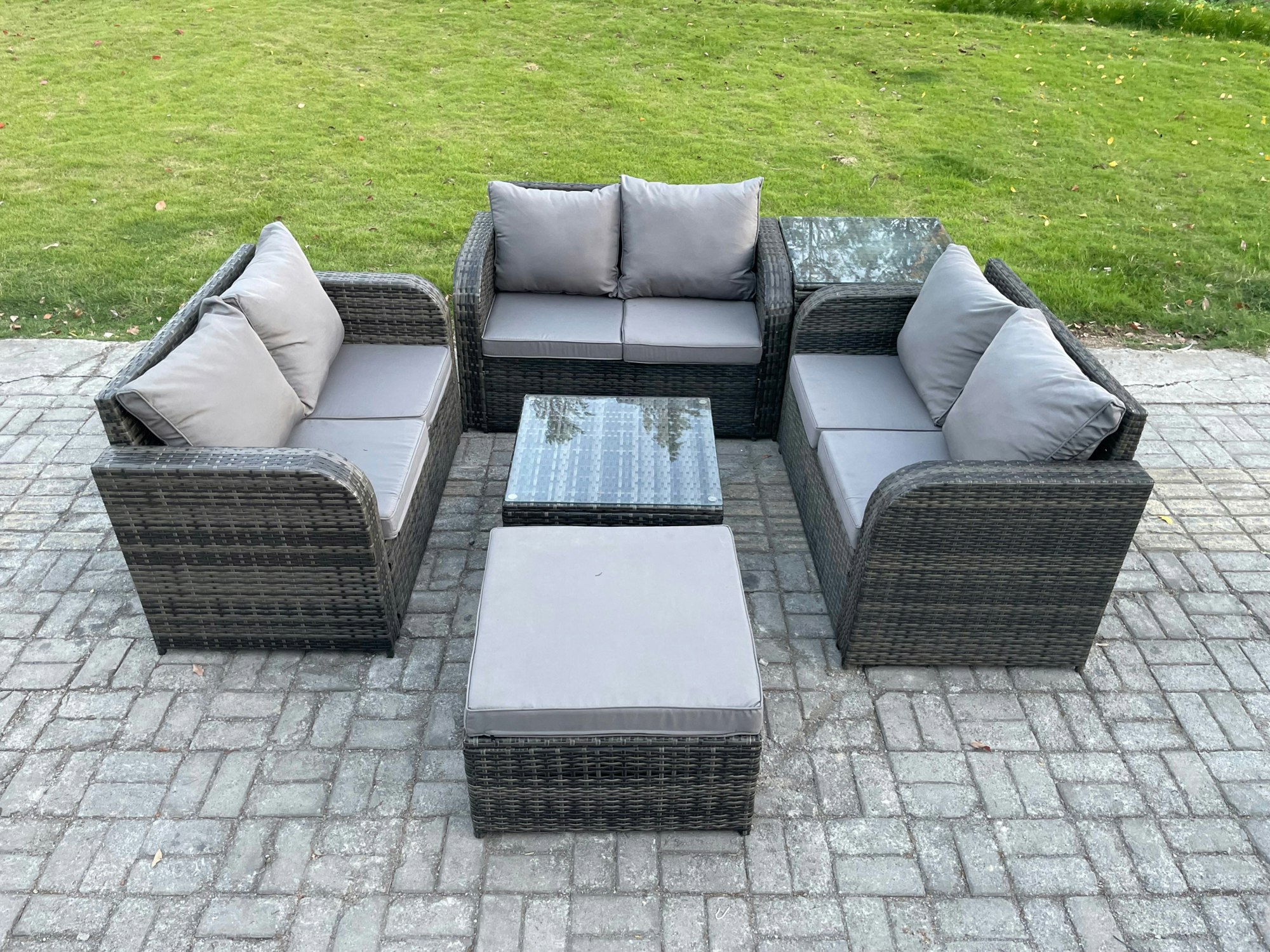 Rackhams Dark/Grey Outdoor Garden Furniture Sets 7 Seater Wicker Rattan Furniture Sofa Sets With Square Coffee Table Love Seat Sofa Big Footstool Side Table