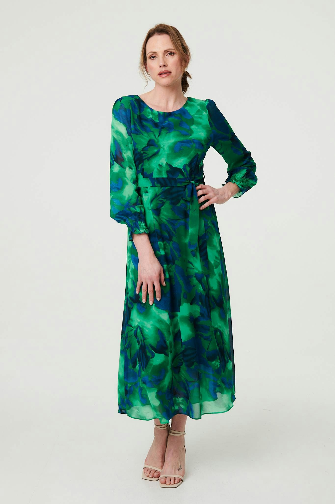 Izabel London Green Printed Long Sleeve Chiffon Midi Dress - 8
