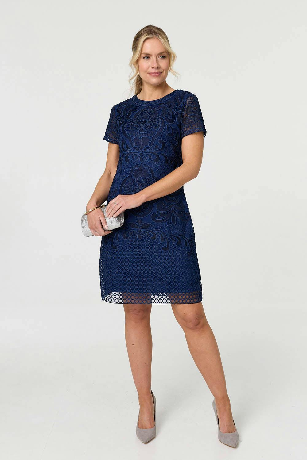 Izabel London Sheer Lace Layered Knee Length Dress - 8 - Navy