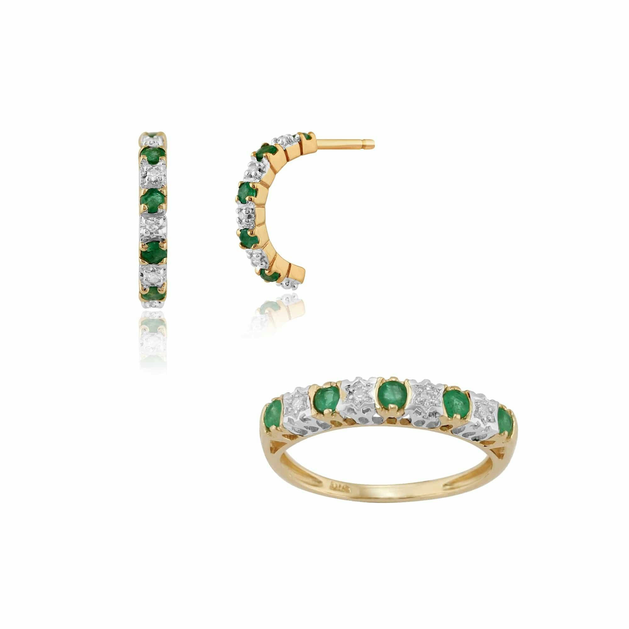 Gemondo Yellow/Gold Classic Round Emerald & Diamond Half Hoop Earrings & Half Eternity Ring Set In 9Ct - K