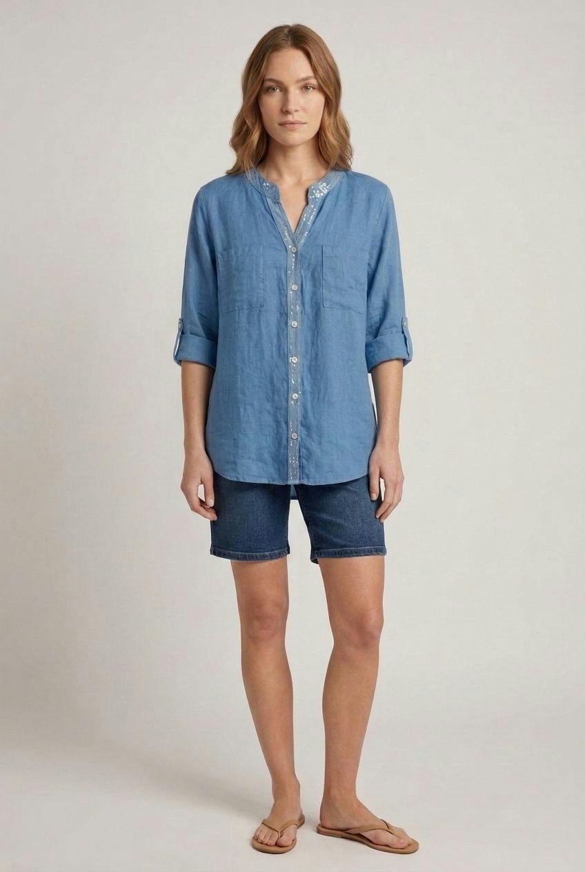 Izabel London Blue Sequin Trim 3/4 Sleeve Relaxed Shirt - 8