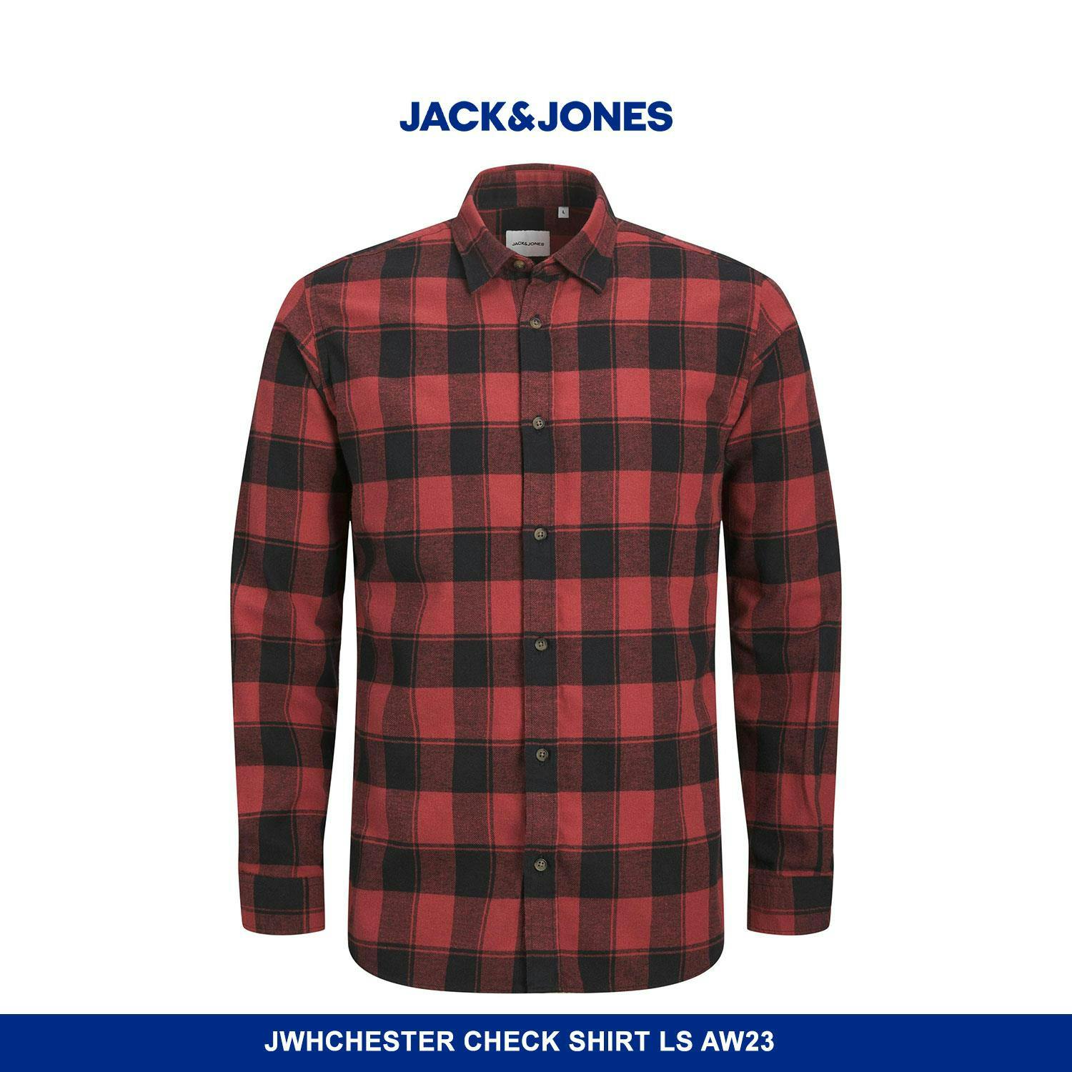 Jack & Jones Men's Red Slim Fit Checked Shirt Long Sleeve Comfortable Brick - Xxl