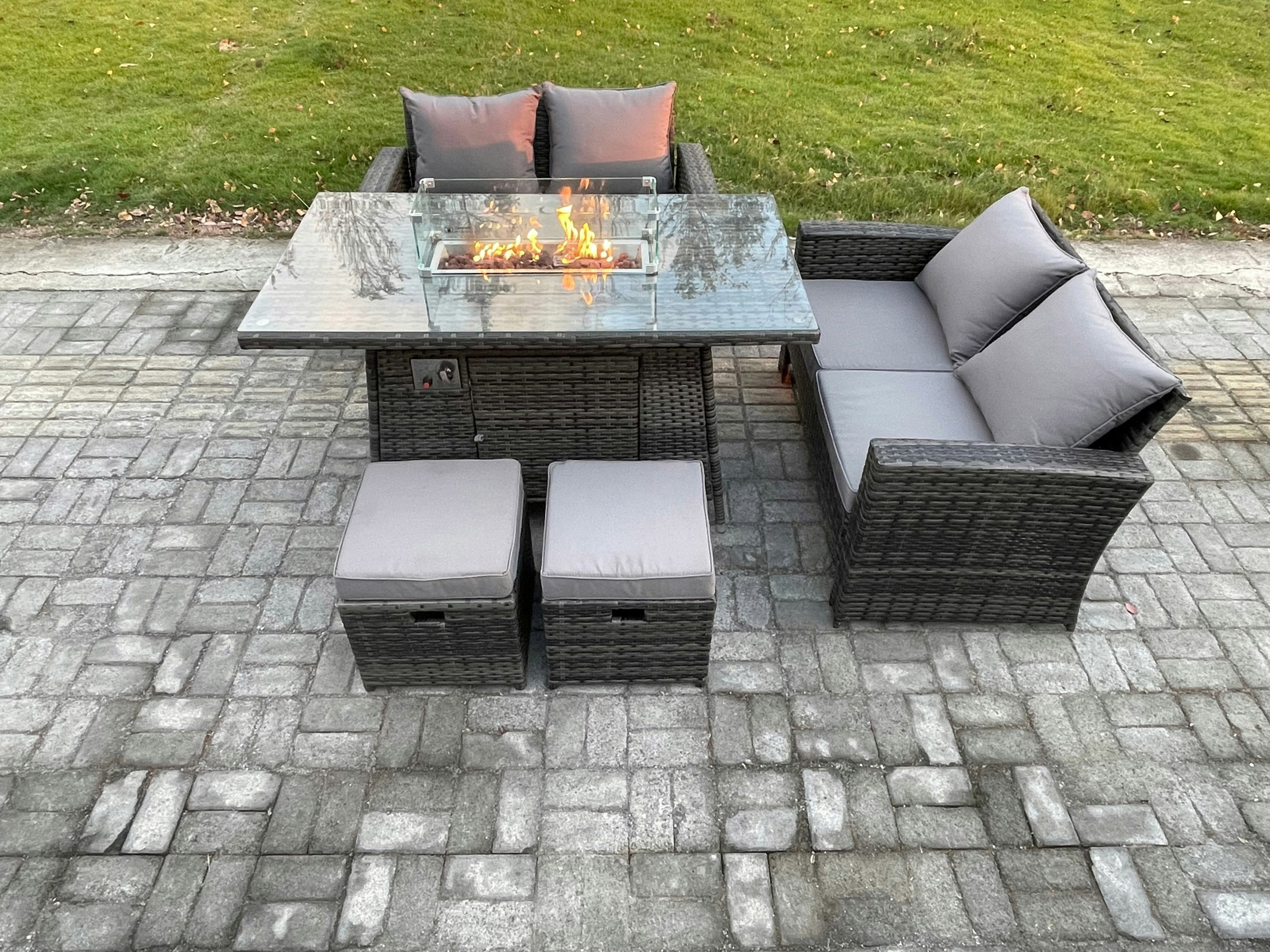 Fimous Dark/Grey 5 Pieces Garden Furniture Sets Poly Rattan Outdoor Patio Gas Fire Pit Dining Table Sofa Set With 2 Small Footstools