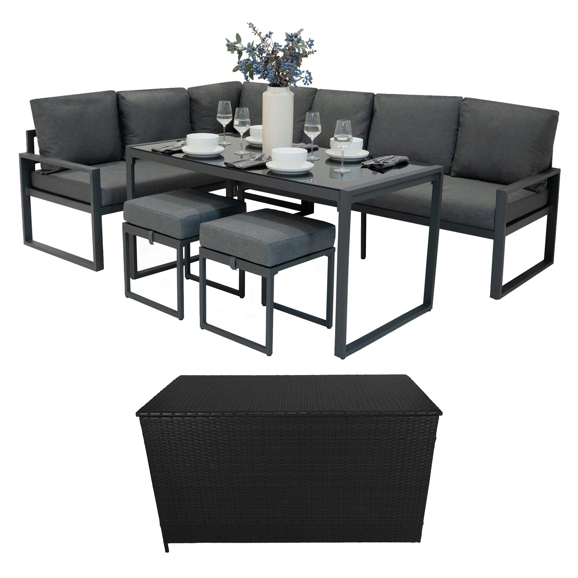Rackhams Black/Anthracite/Grey Aluminium Corner Sofa Set With Rattan Storage Box
