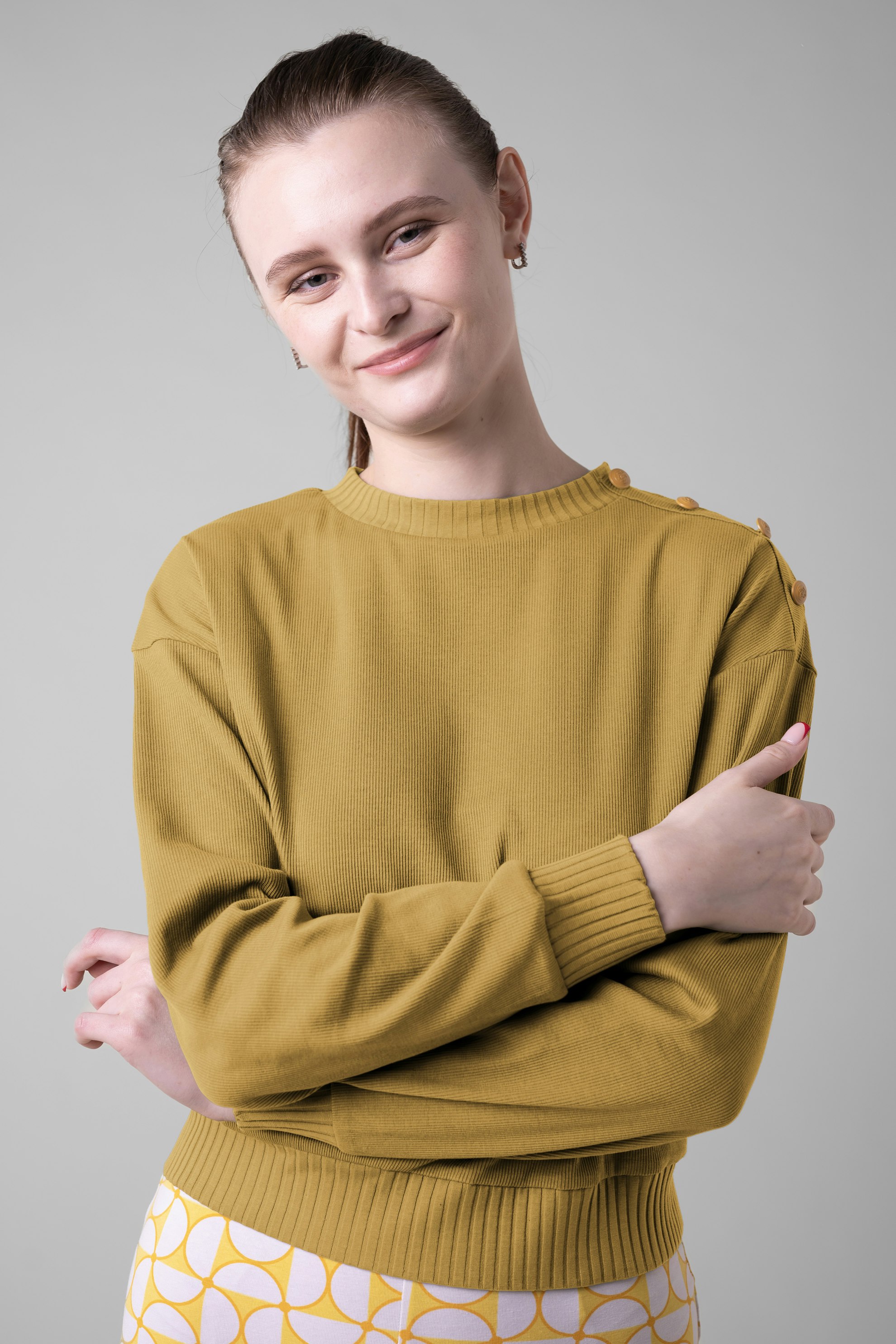 Enorsia Yellow Button Shoulder Crewneck Sweatshirt - 18 - 90% Cotton, 10% Elastane