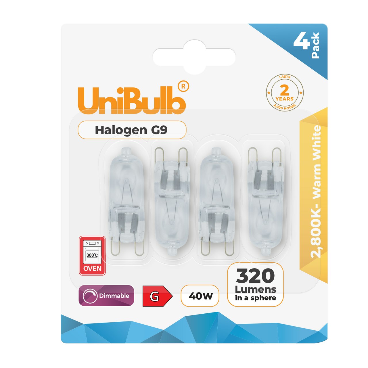 Unibulb White/Light Halogen G9 Capsule 320Lm 40W 2800K (Warm ) Bulb - Pack Of 4