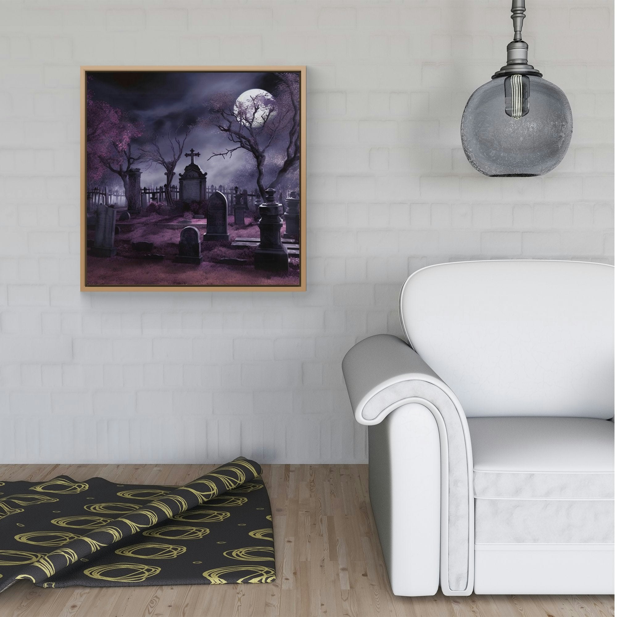 Warren Reed Black/White Witchs Moonlit Cemetery Design Framed Canvas - 16" X 16" - Pine