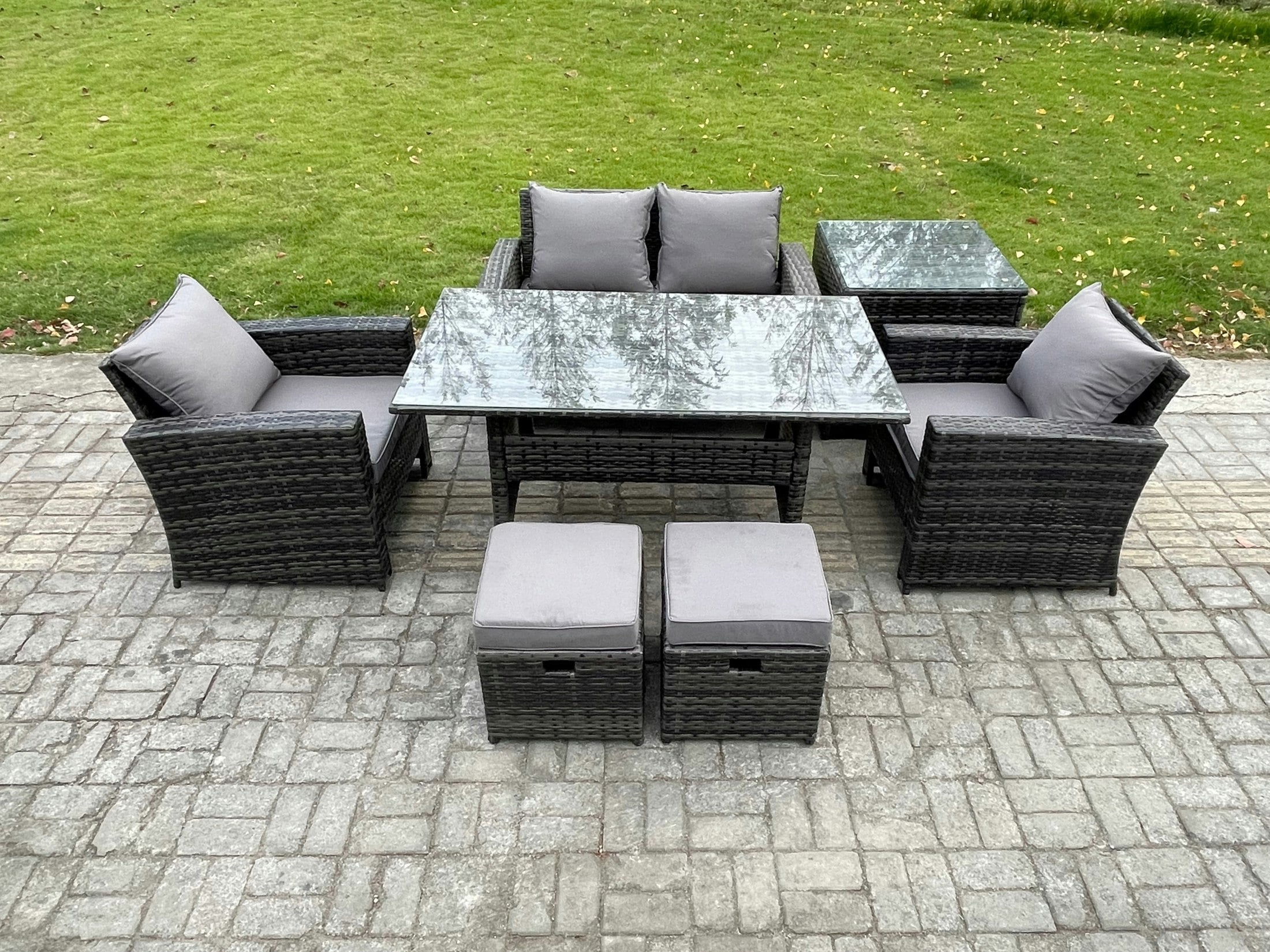 Fimous Dark/Grey Pe Wicker Outdoor Garden Furniture Set Patio Furniture Rattan Rectangular Dining Table Lounge Sofa With Side Table 2 Small Footstool