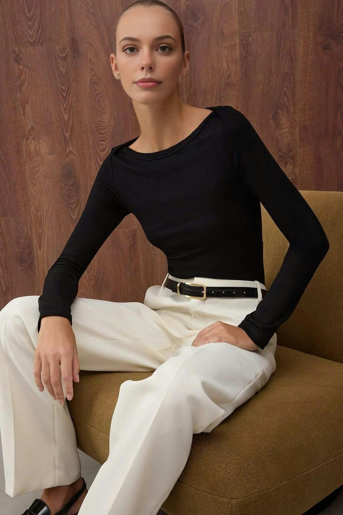 Wovcor Black Boat Neck Stretchy Knit Blouse - Xs