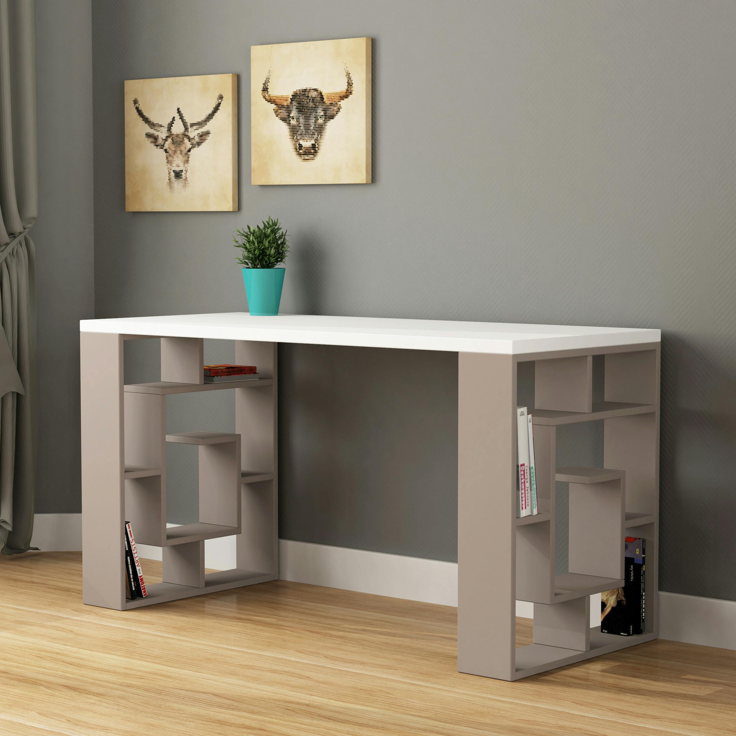 Decortie White/Anthracite/Grey Labirent Modern Desk With Bookshelf Legs 137Cm - Light Mocha