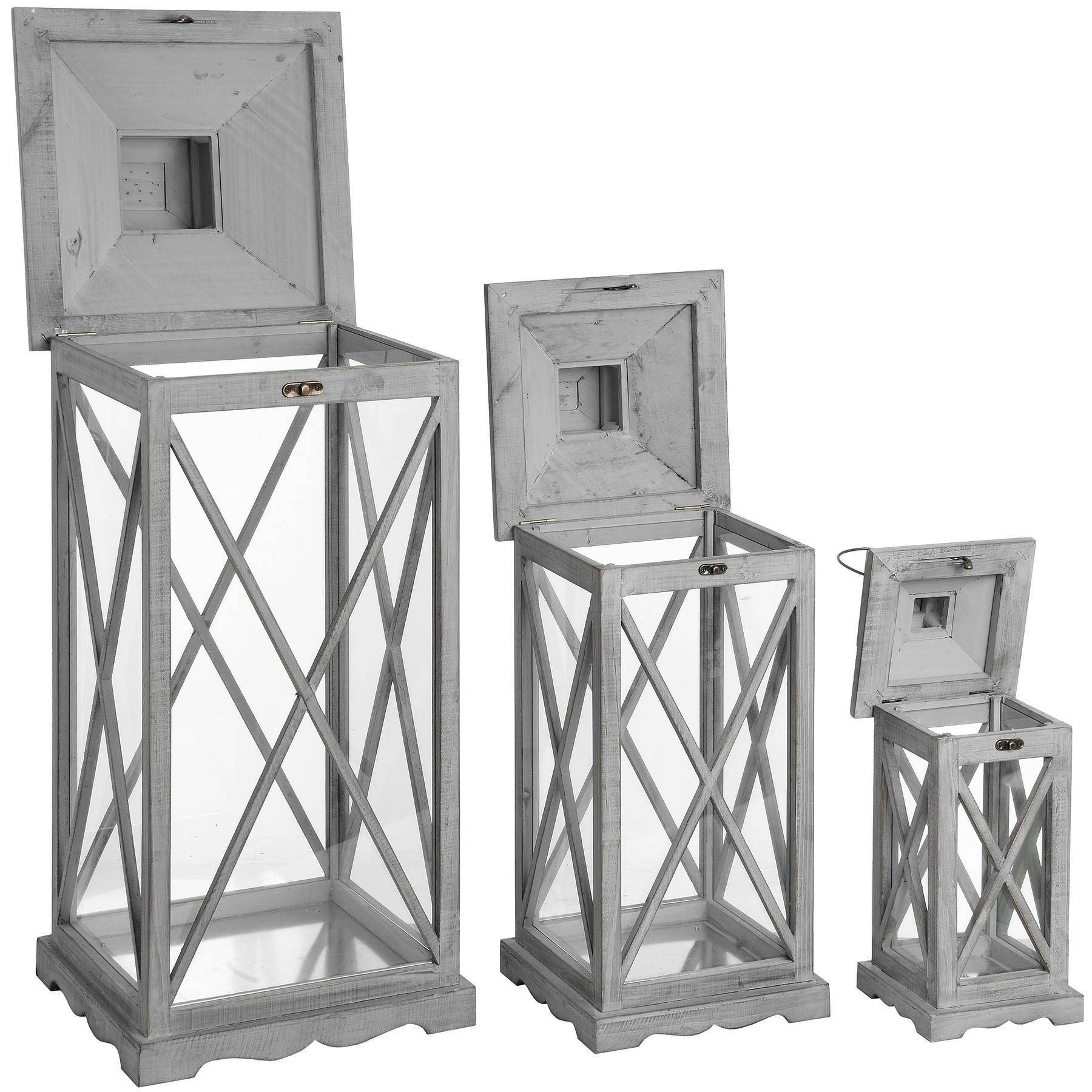 Rackhams Grey Wooden Traditional Cross Section Candle Lanterns (Set Of 3) - One Size - 34% Metal/33% Wood/33% Glass