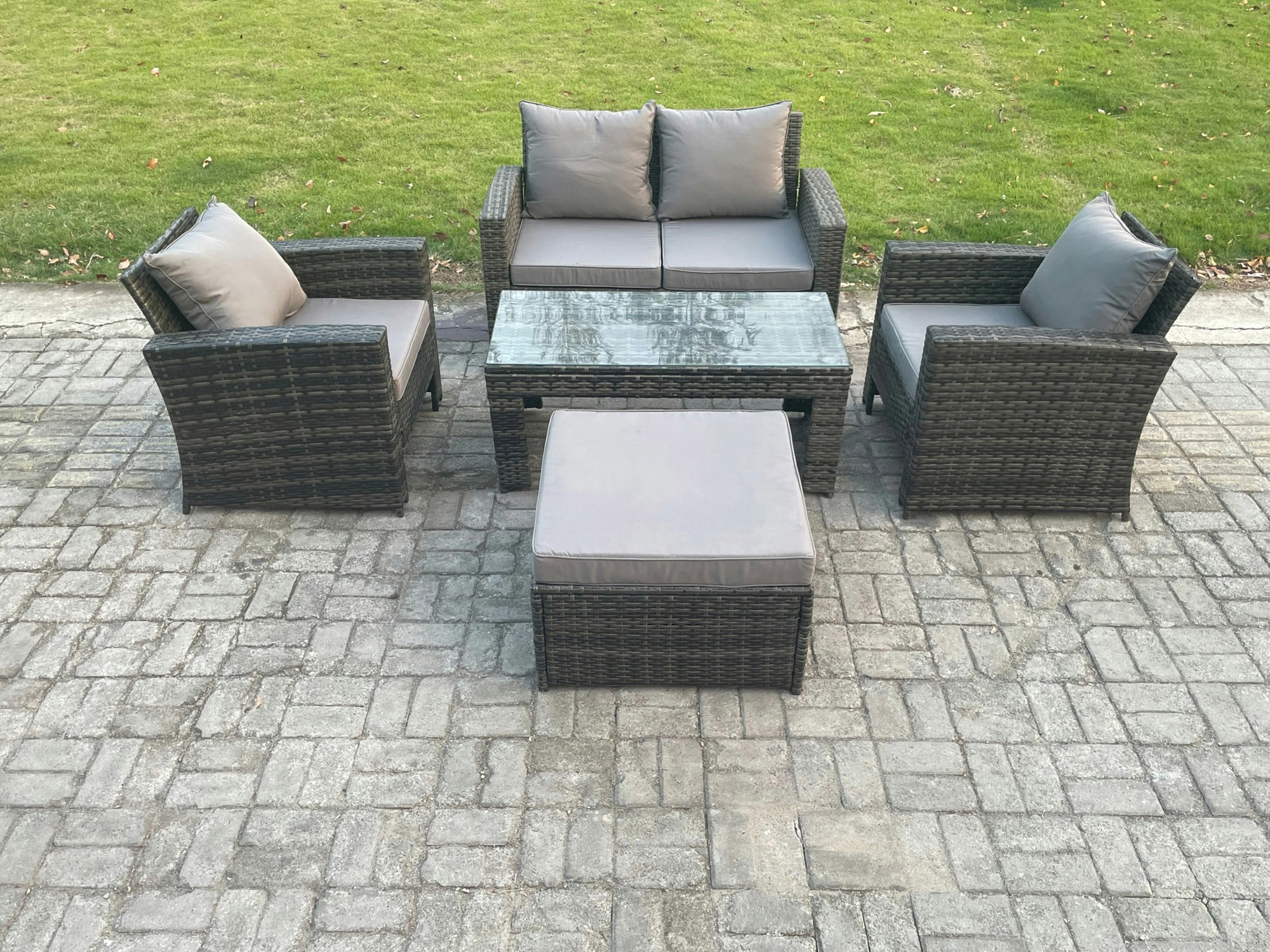 Fimous Dark/Grey Outdoor Rattan Garden Furniture Set 5 Seater Patio Lounge Sofa Set With Coffee Table Big Footstool Mixed