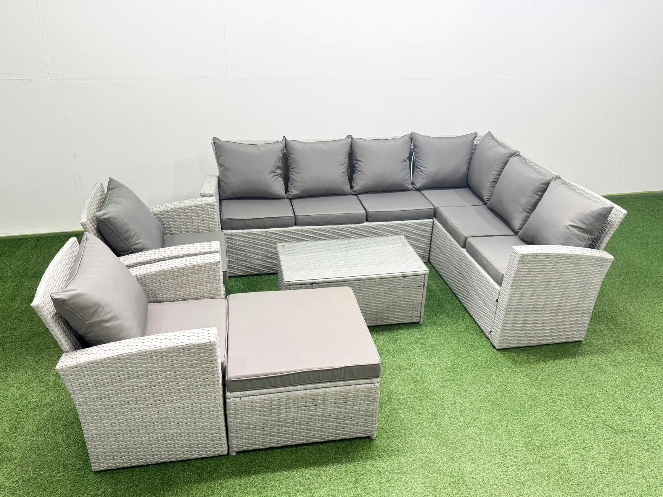 Rackhams Light/Grey Garden Outdoor Pe Rattan Furniture Set 9 Seater Rattan Garden Sofa Set With Big Footstool Mixed