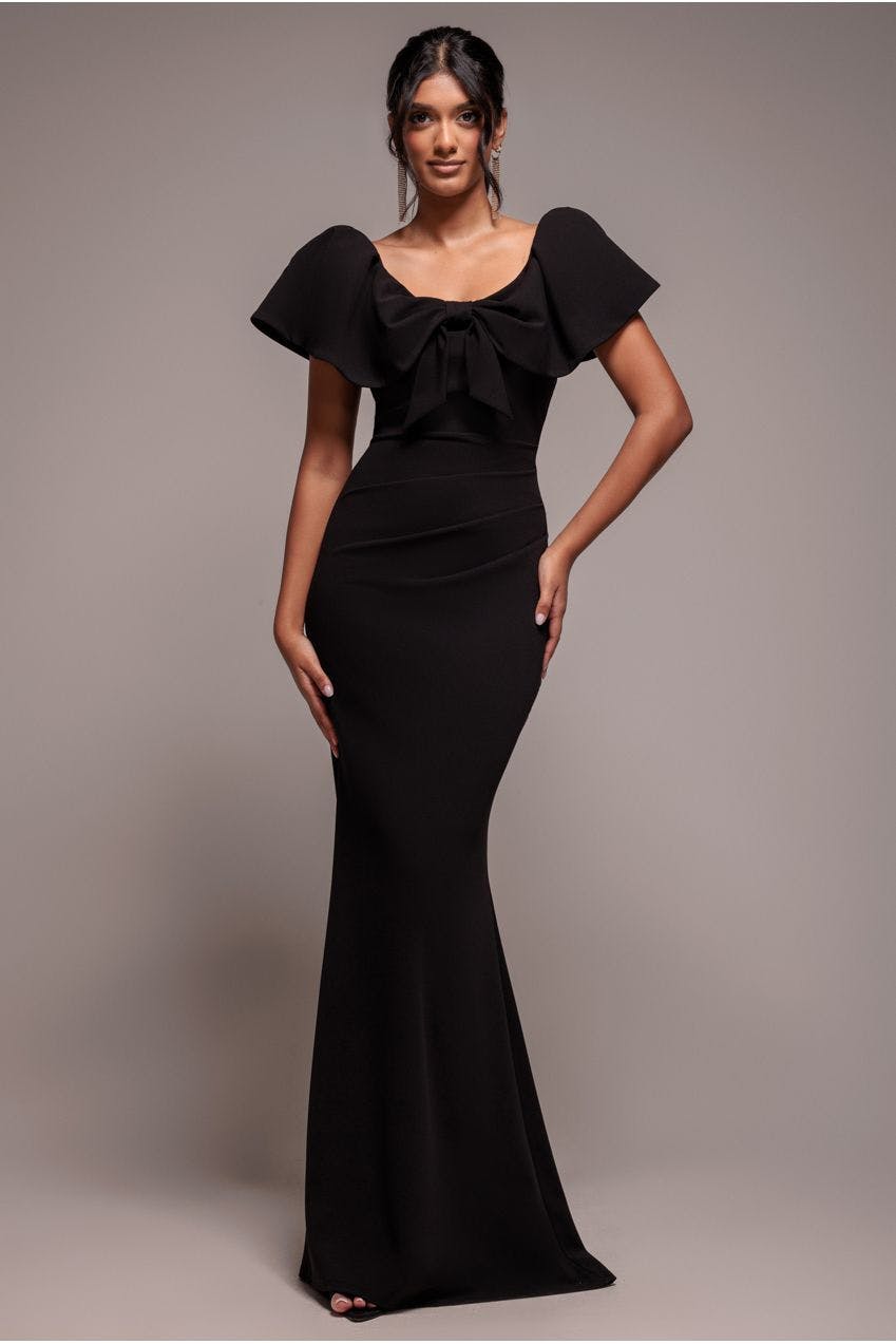 Goddiva Black Cape Sleeve Detail Front Tie Maxi Dress - By - 8