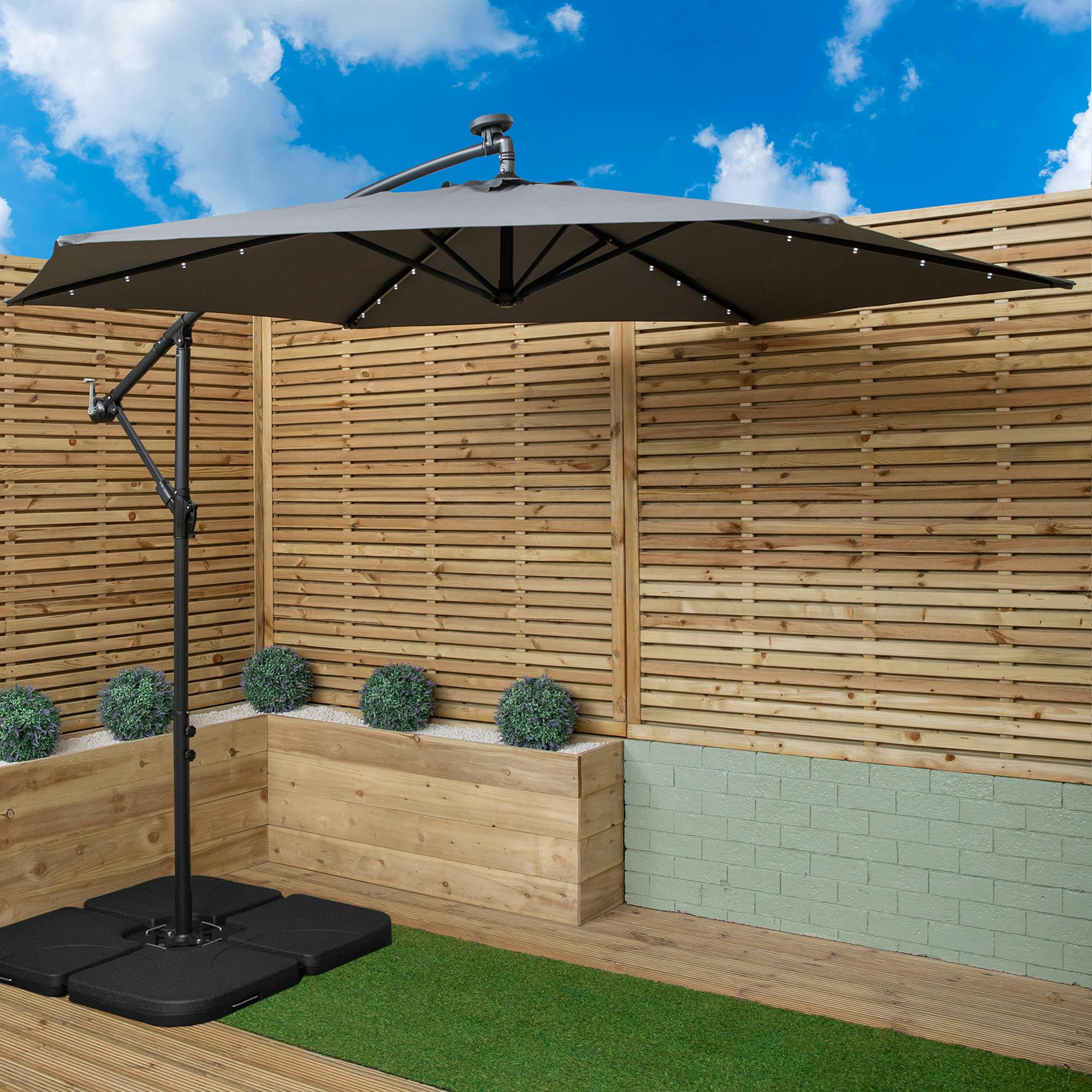 Rackhams Grey 3M Solar Powered Lit Banana Cantilever Garden Parasol With Leds & Base Weights Included In