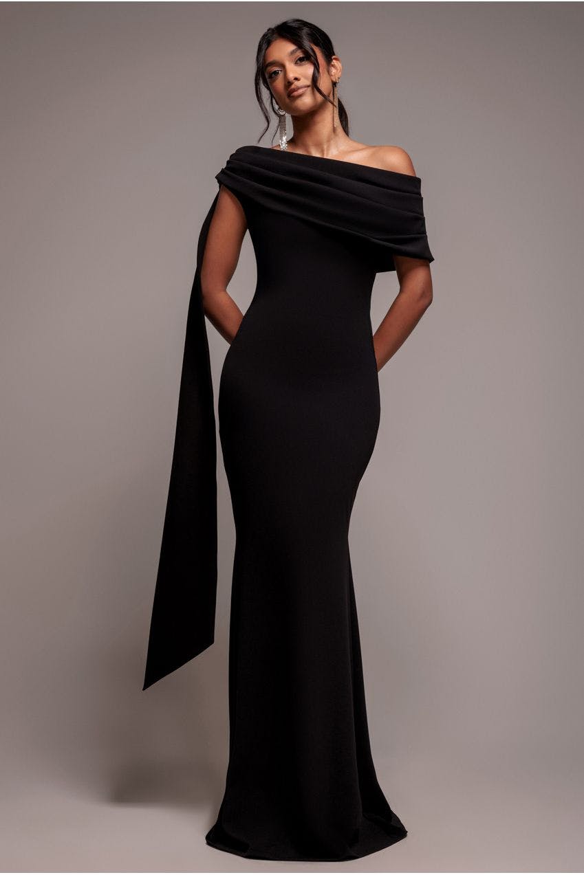 Goddiva Black Sash One Shoulder Bardot Maxi Dress - By - 14