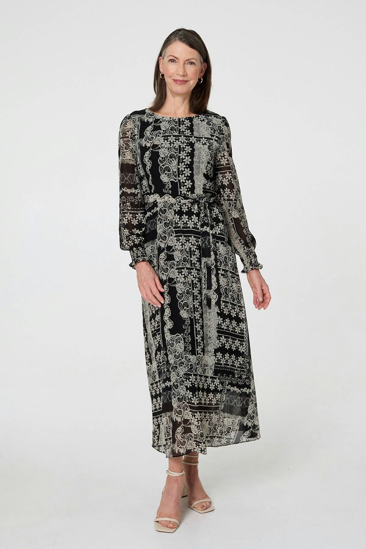 Izabel London Black Floral Patchwork Print Long Dress - 10