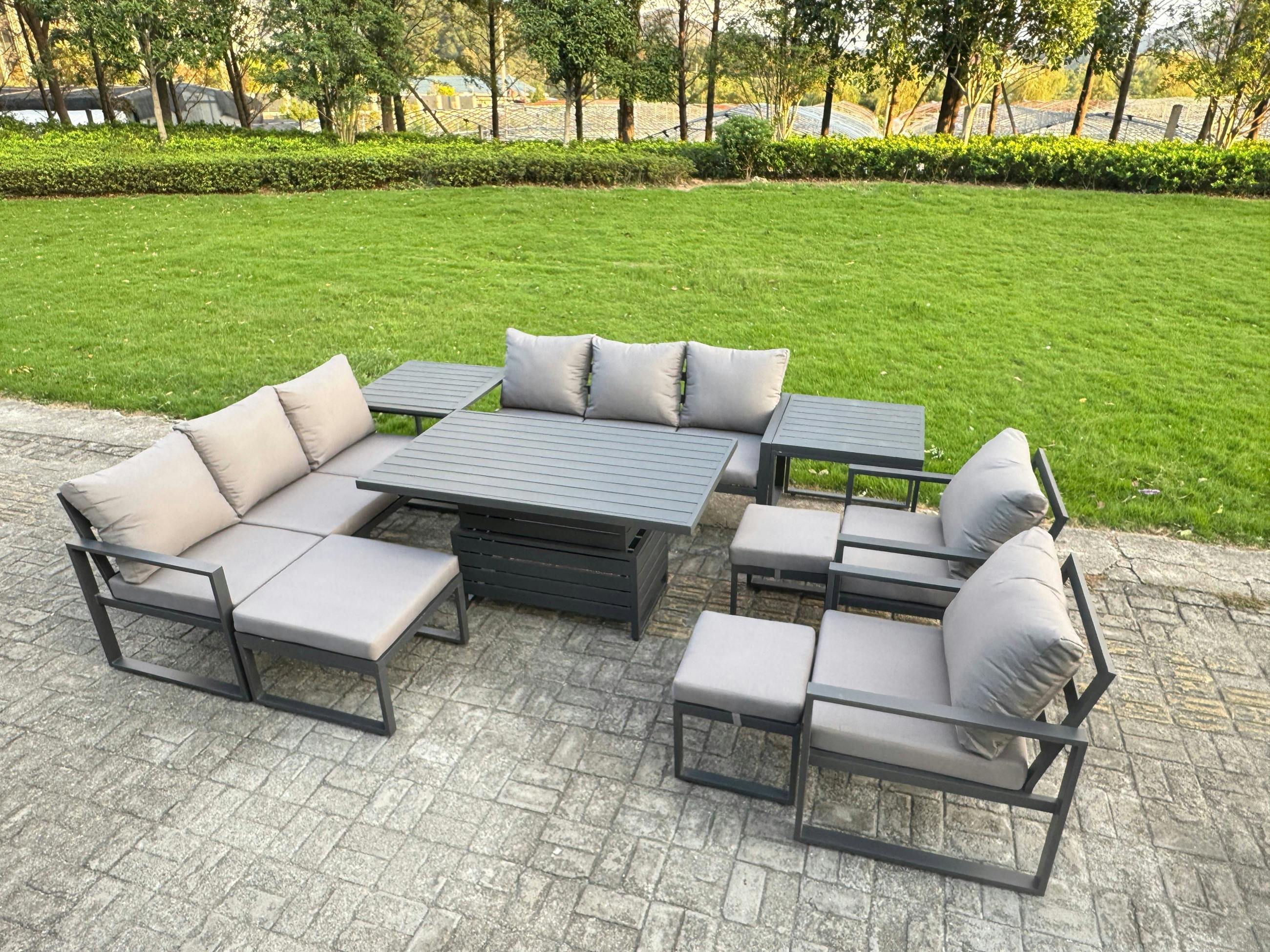 Fimous Dark/Grey 11 Seater Aluminium Garden Furniture Set With Rising Dining Table, 2 Sofas, 2 Chairs, 2 Footstools & 2 Side Tables