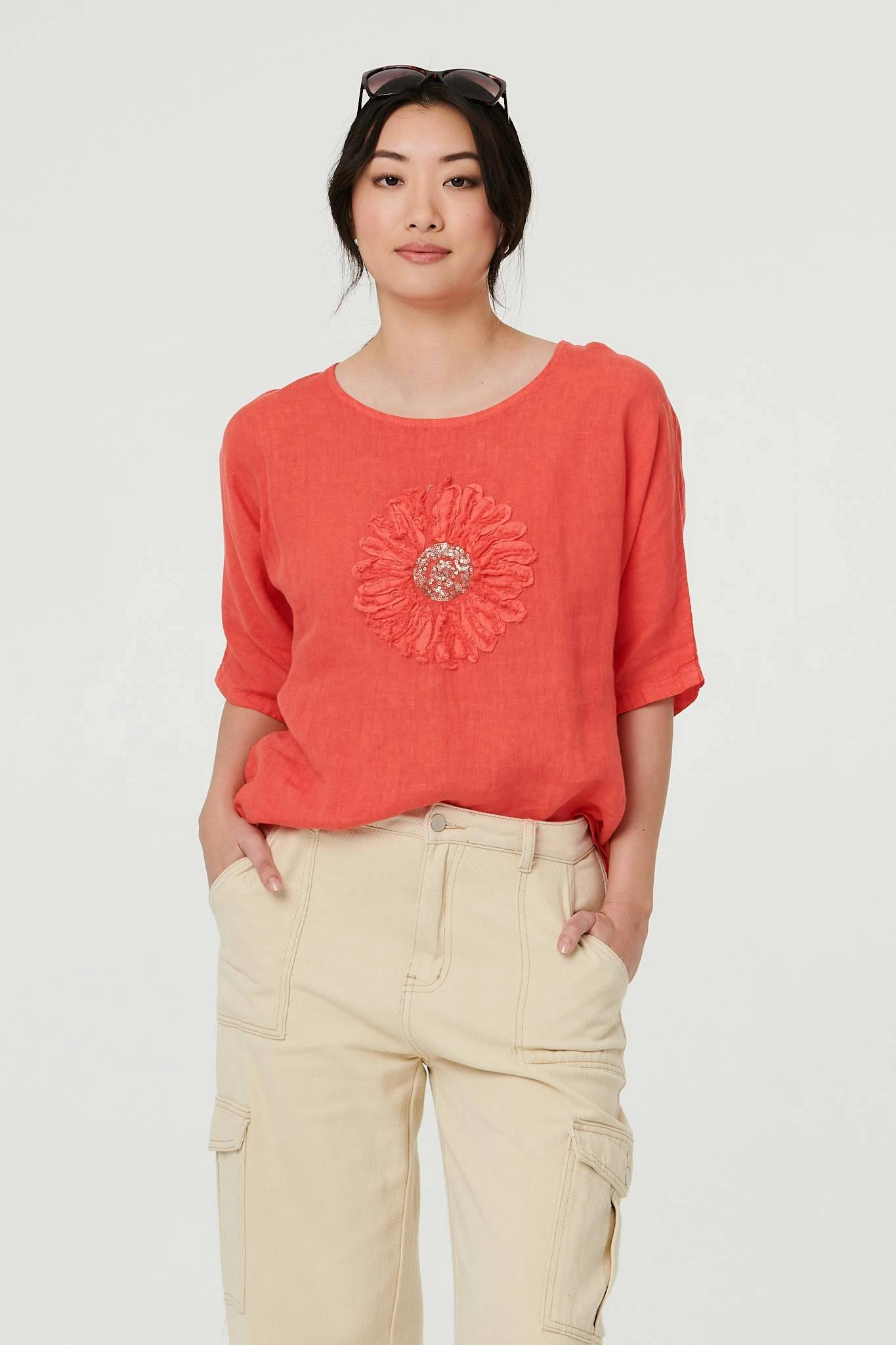 Izabel London Orange Sequin Textured Detail Relaxed Top - 8
