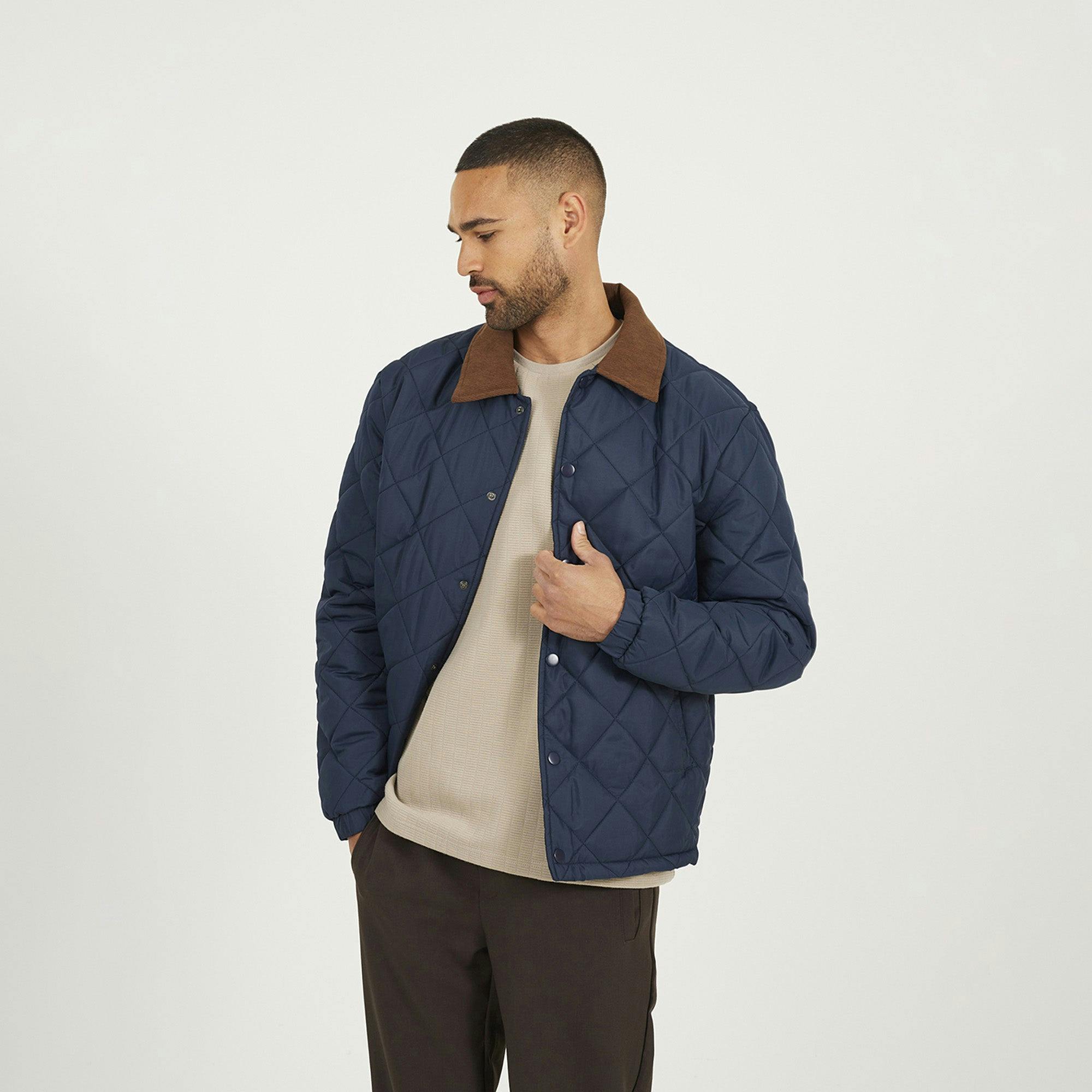 Brave Soul Quilted Coach Jacket With Cord Collar - Navy - Navy - S