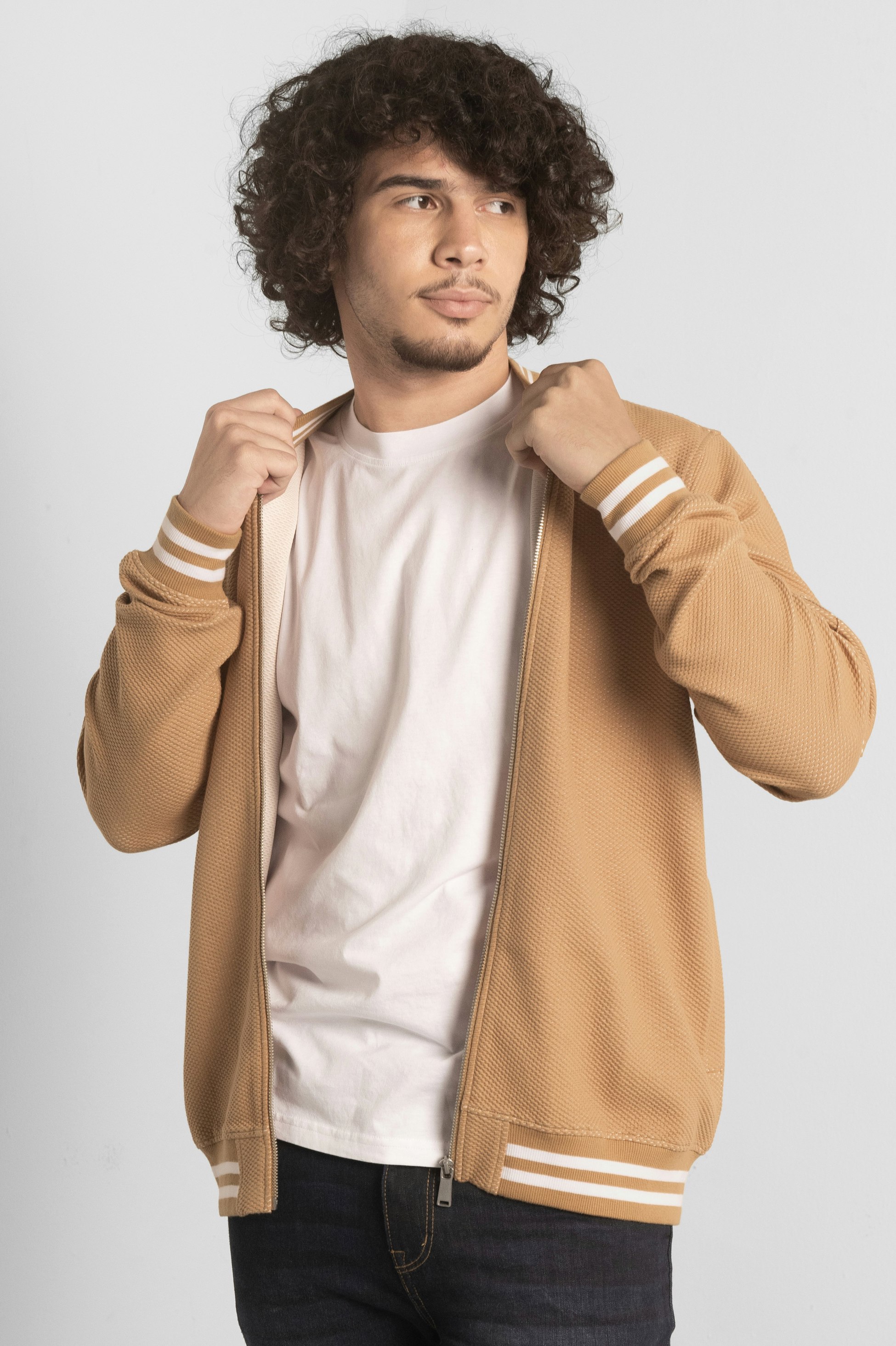 Enorsia Men's Brown Heavy Waffle Bomber Jacket - L - 63% Cotton, 31% Polyester, 6% Elastane
