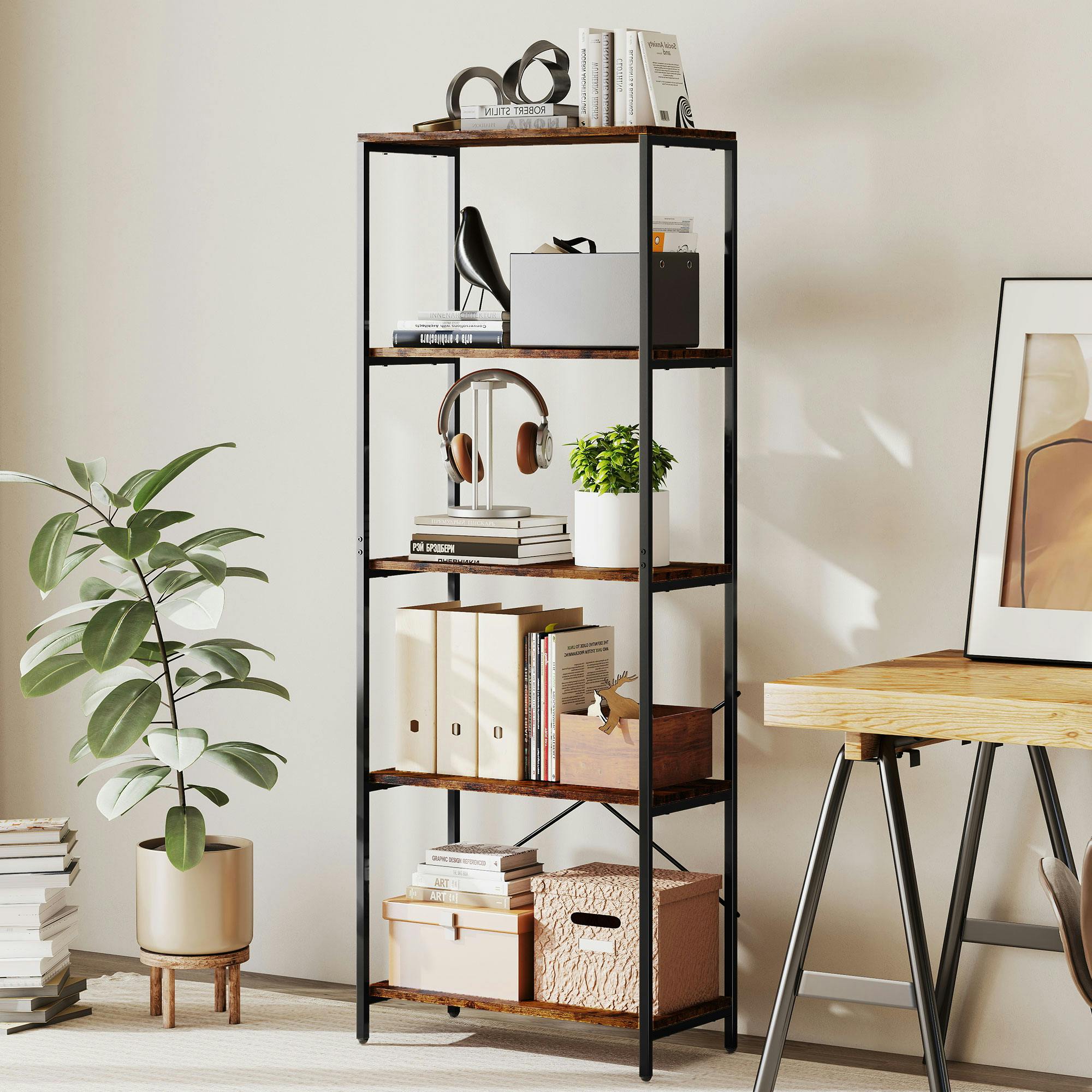 Rackhams Dark/Grey/Black Industrial Bookshelf, Freestanding Bookcase, And - 79W X 35D X 161H Cm - Rustic Brown, - 1