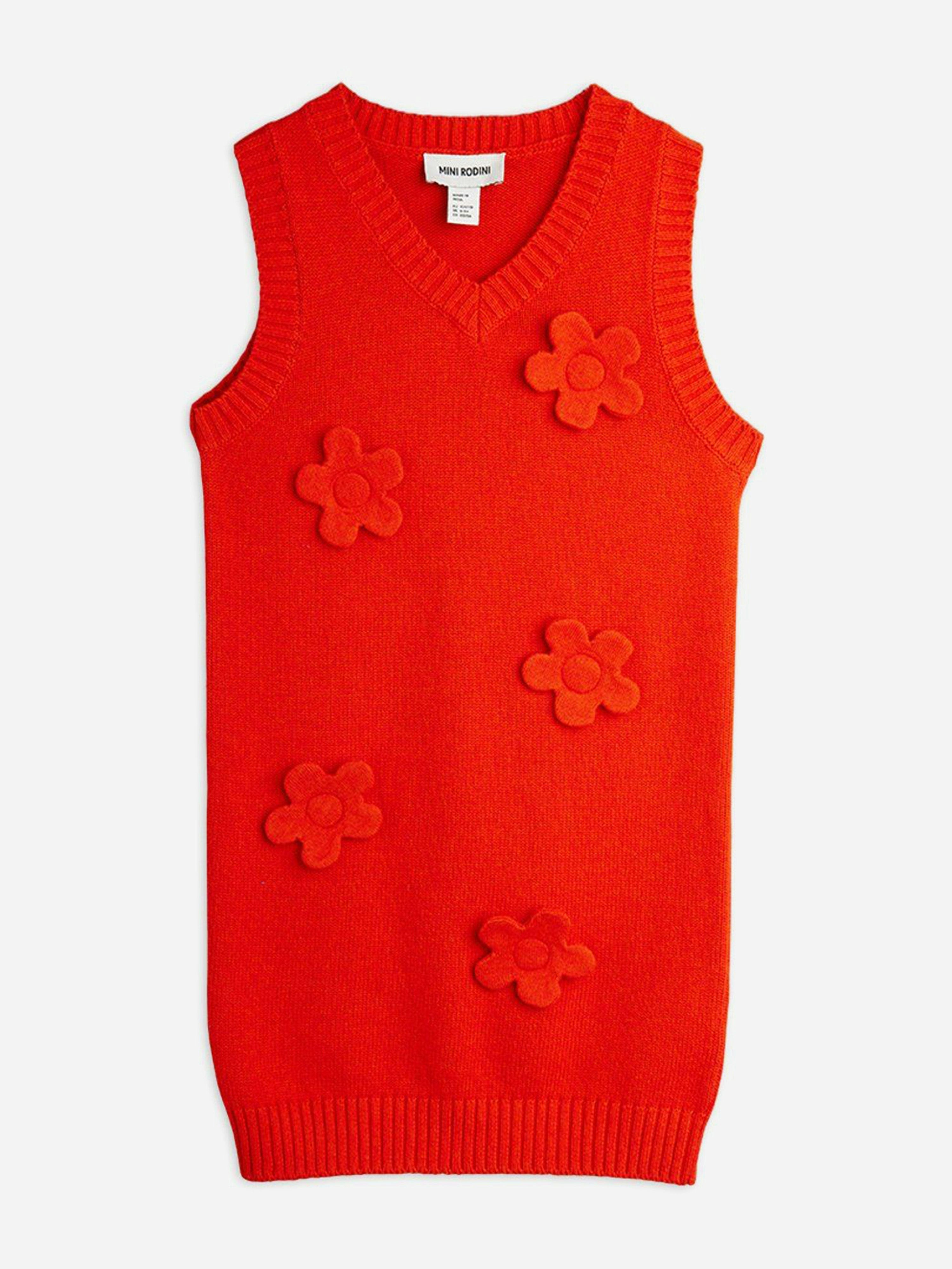 Mini Rodini Girls Red Knitted Flower Vest Dress In - 140-146 Cm (9-11 Yrs)