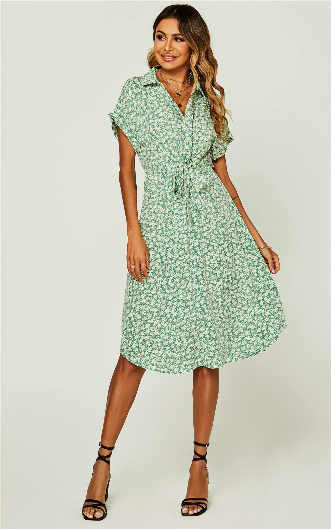Fs Collection Green Relaxed Floral Print Button Down Midi Shirt Dress In - Xl