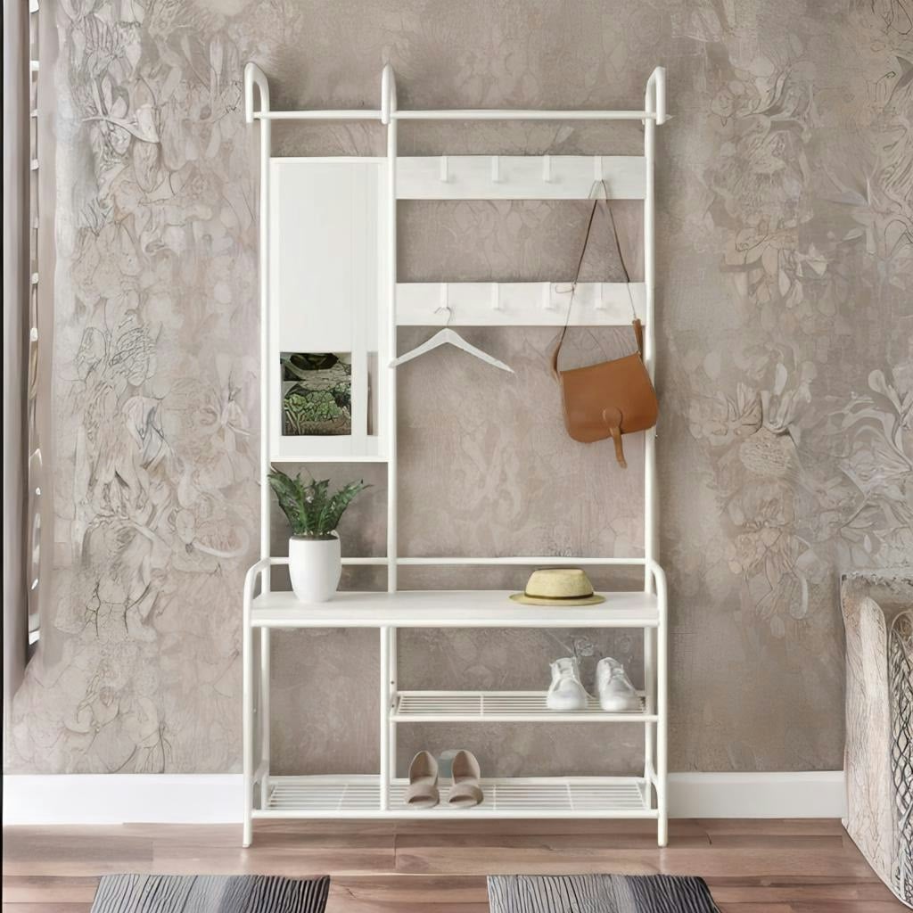 Rackhams White Industrial Hall Tree Coat Rack Stand With Shoe Storage Shelves