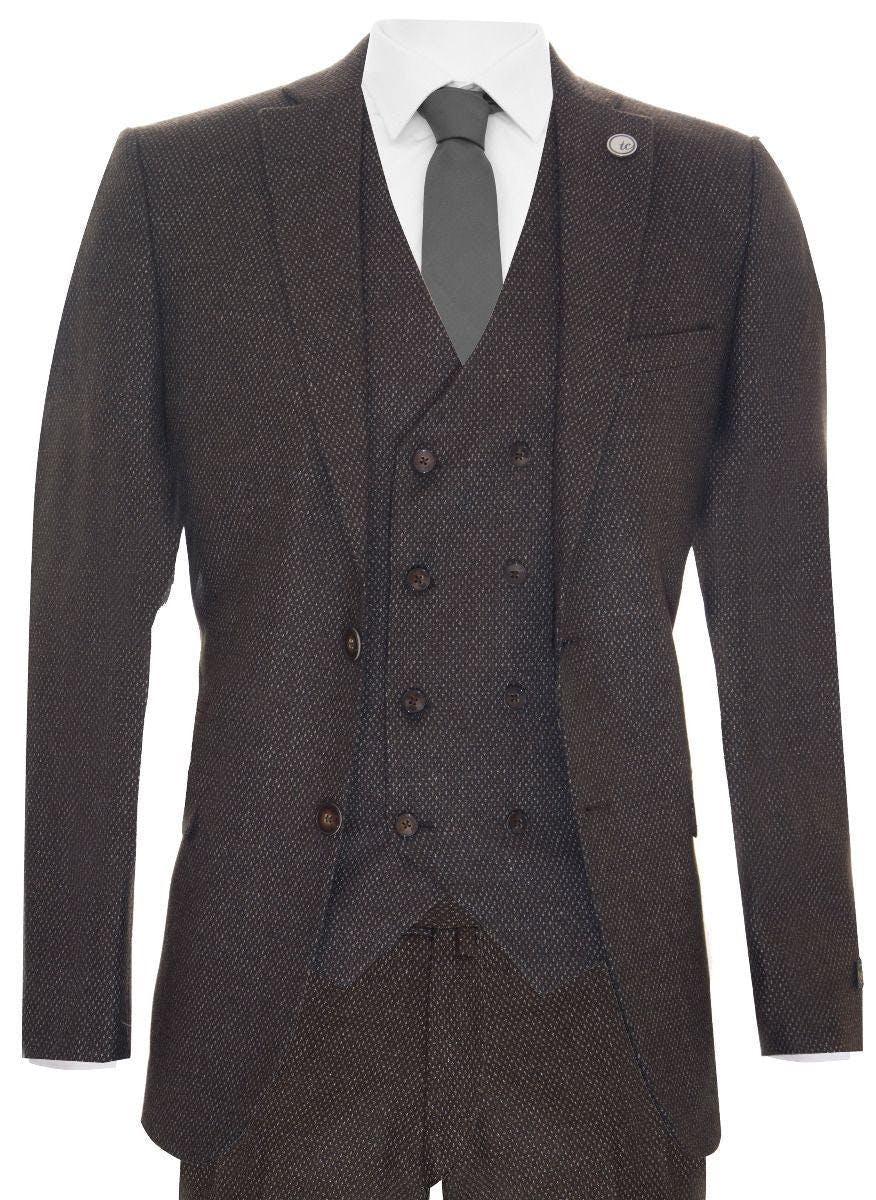 Truclothing Men's Brown Wool 3 Piece Suit Double Breasted Tweed Peaky Blinders 1920 - 44" Jacket 38" Trousers
