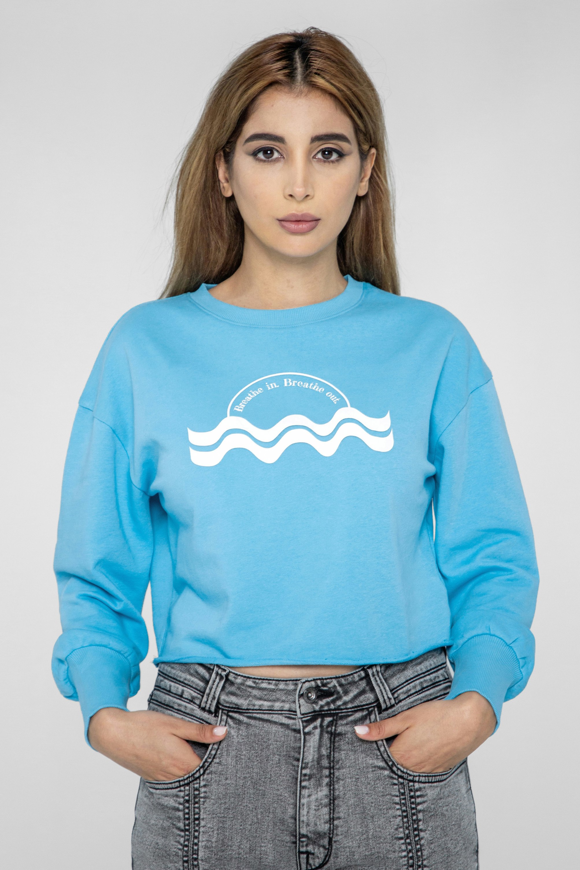 Enorsia Blue Raw Edge Chest Print Sweatshirt - 10 - 77% Cotton, 23% Polyester
