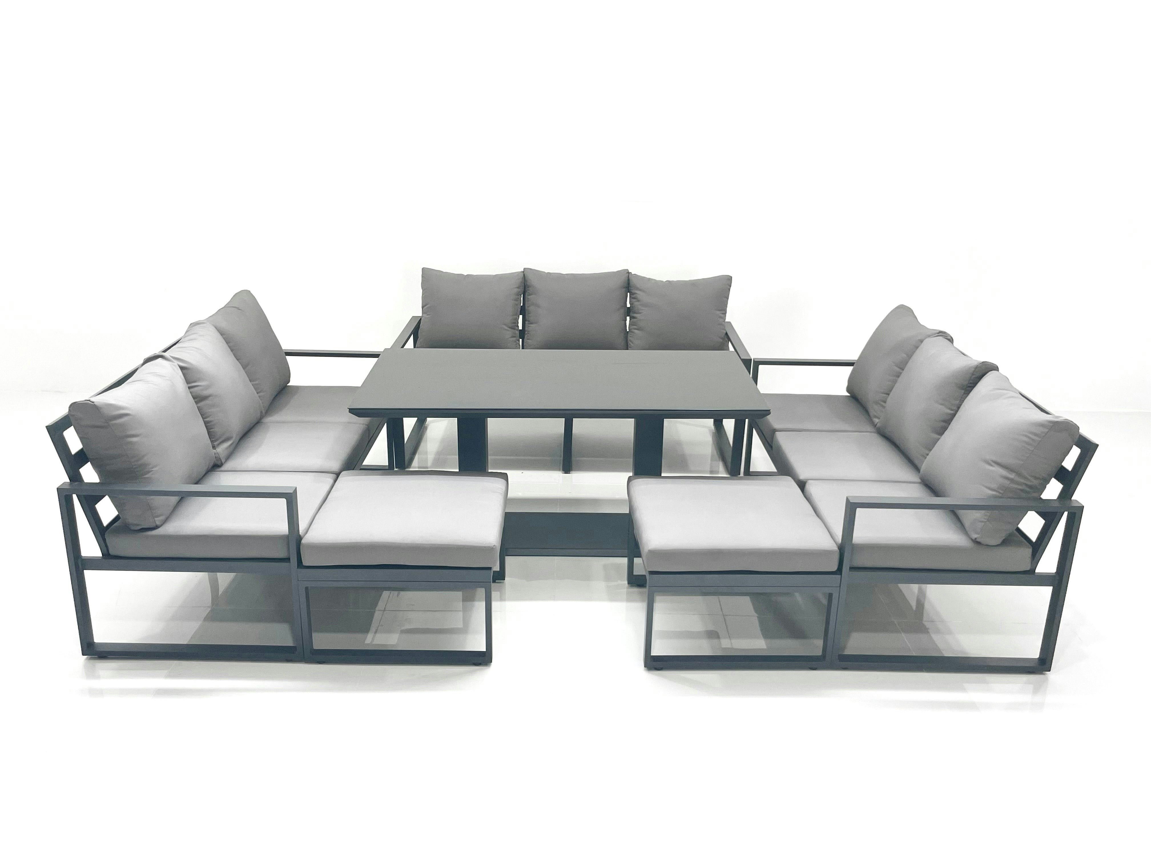 Fimous Dark/Grey 11 Seater Garden Sofa Set Aluminium Furniture Rising Dining Tabe Set Wth 2 Big Footstools