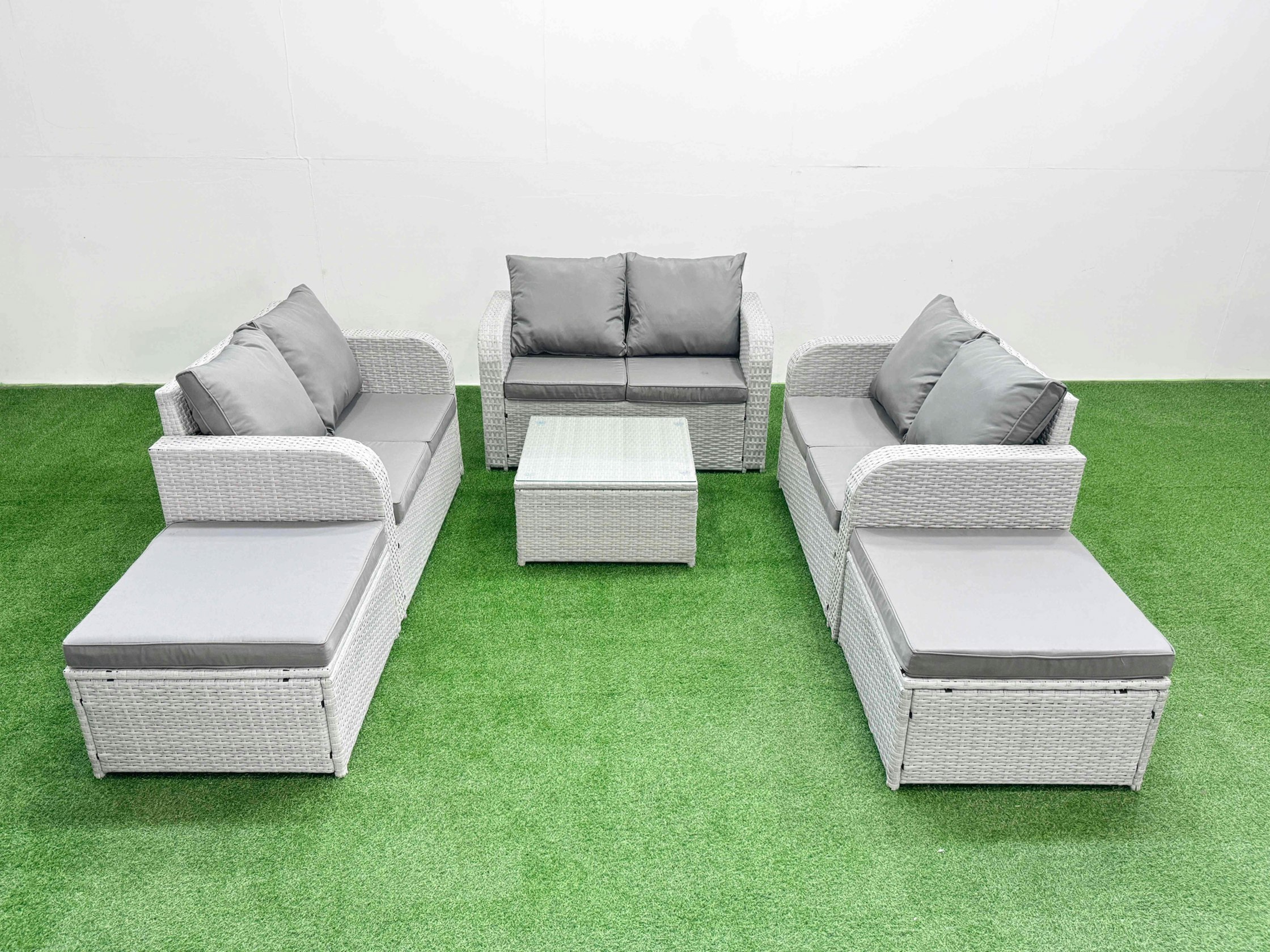 Fimous Light/Grey 8 Seater Pe Wicker Rattan Furniture Sofa Sets With Square Coffee Table 2 Seater Love Sofa 2 Big Footstool