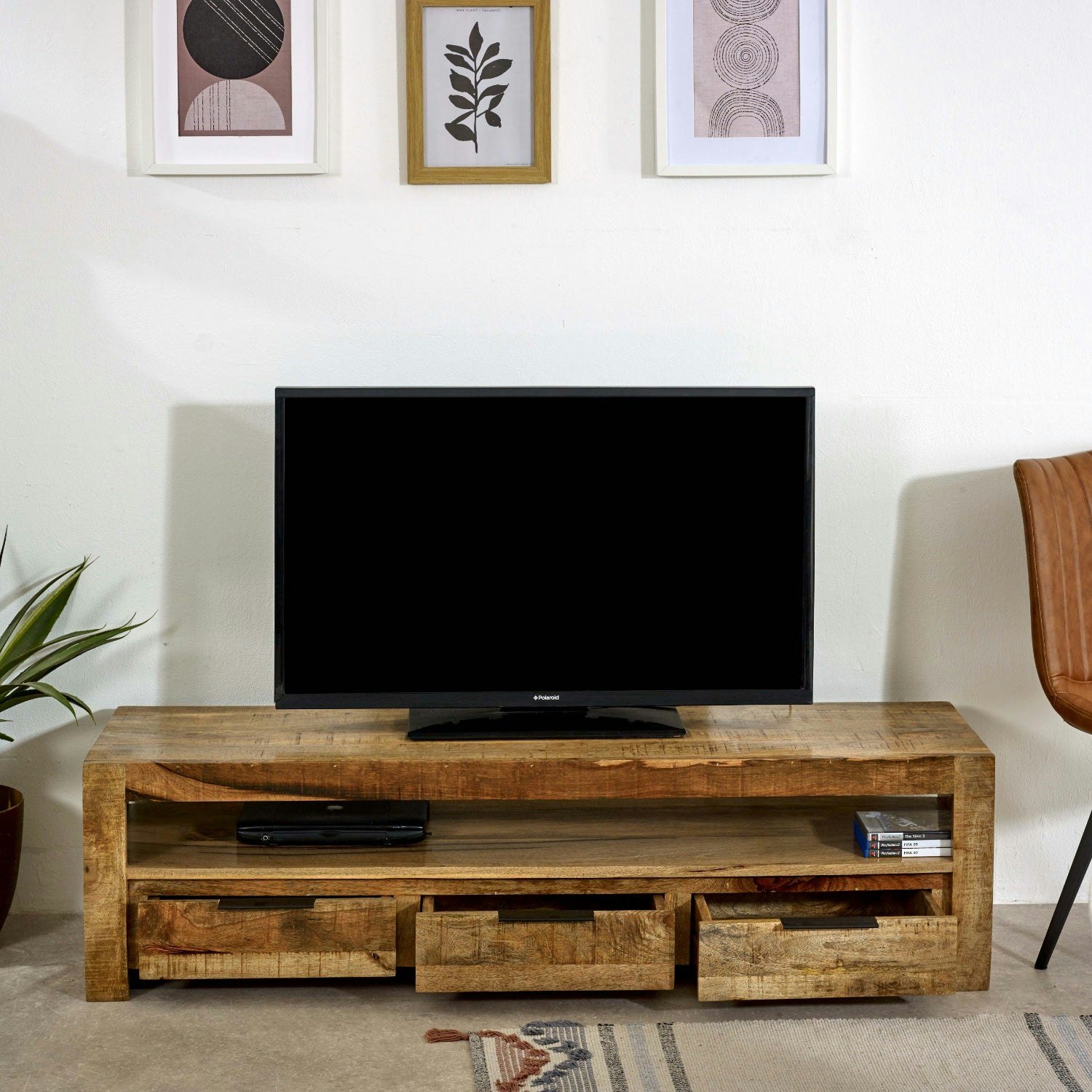Ih Design Valor Mango Wooden Large Tv Stand With 3 Drawers - 150 Cm - 40 Cm - Wood