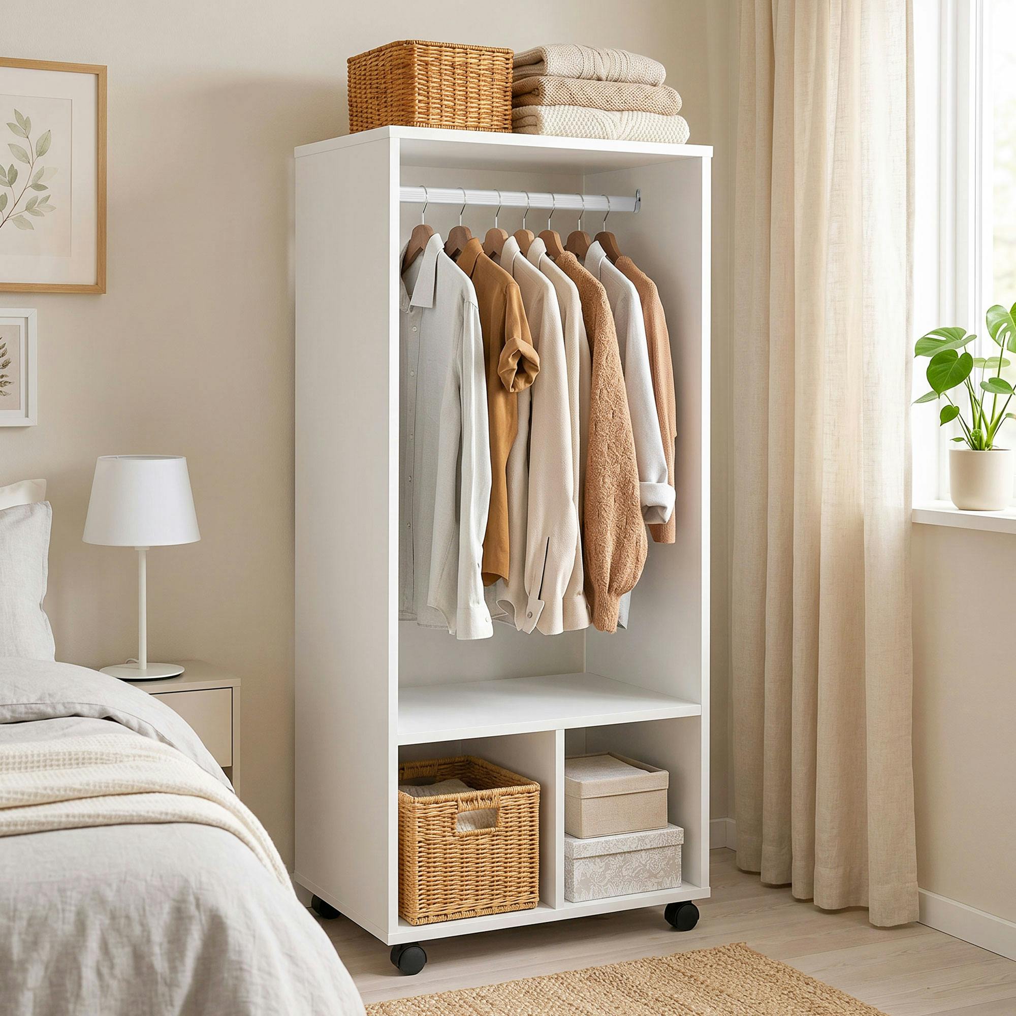 Bobobiy White Open Wardrobe On Wheels, Bedroom Wardrobe With Clothes Hanging Rail, 2 Storage Shelves, Mobile Garment Rack For Cloakroom, Hallway, - Image 4