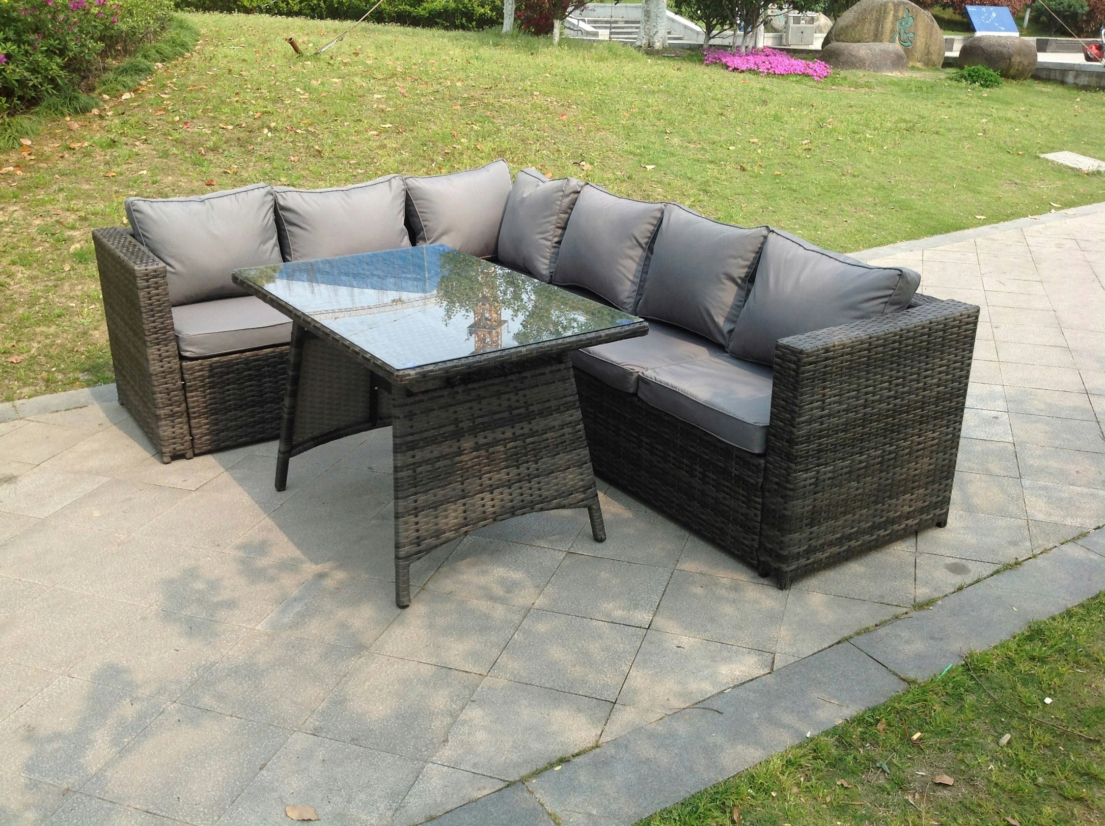 Rackhams Grey 6 Seater Rattan Corner Sofa Set Dining Table Foot Rest Garden Furniture Outdoor