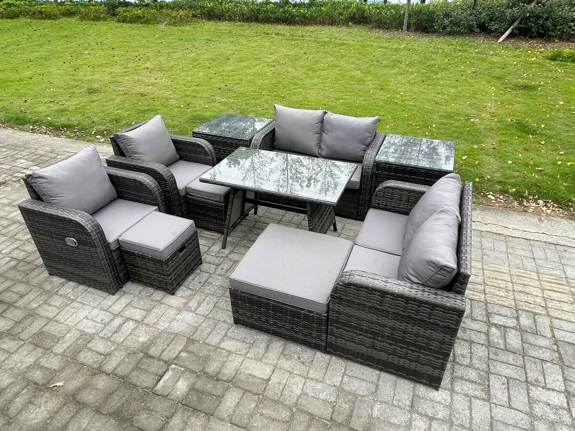 Rackhams Dark/Grey 9 Seater Wicker Pe Rattan Garden Dining Set Outdoor Furniture Sofa With Rectangular Dining Table 2 Side Tables 3 Footstools Mixed