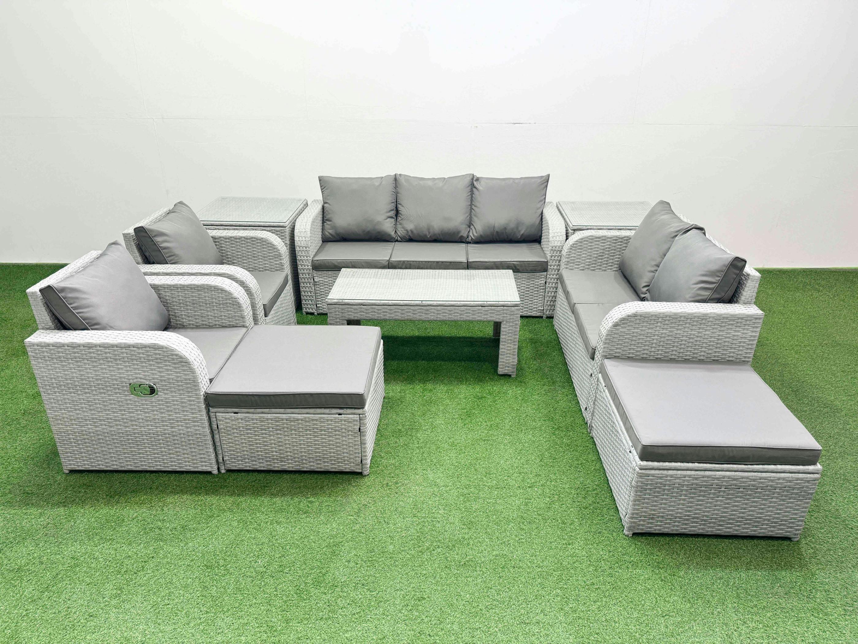 Fimous Light/Grey 9 Seater Rattan Garden Furniture Set With Rectangular Coffee Table, 2 Sofas, 2 Reclining Chairs, 2 Footstools & 2 Side Tables