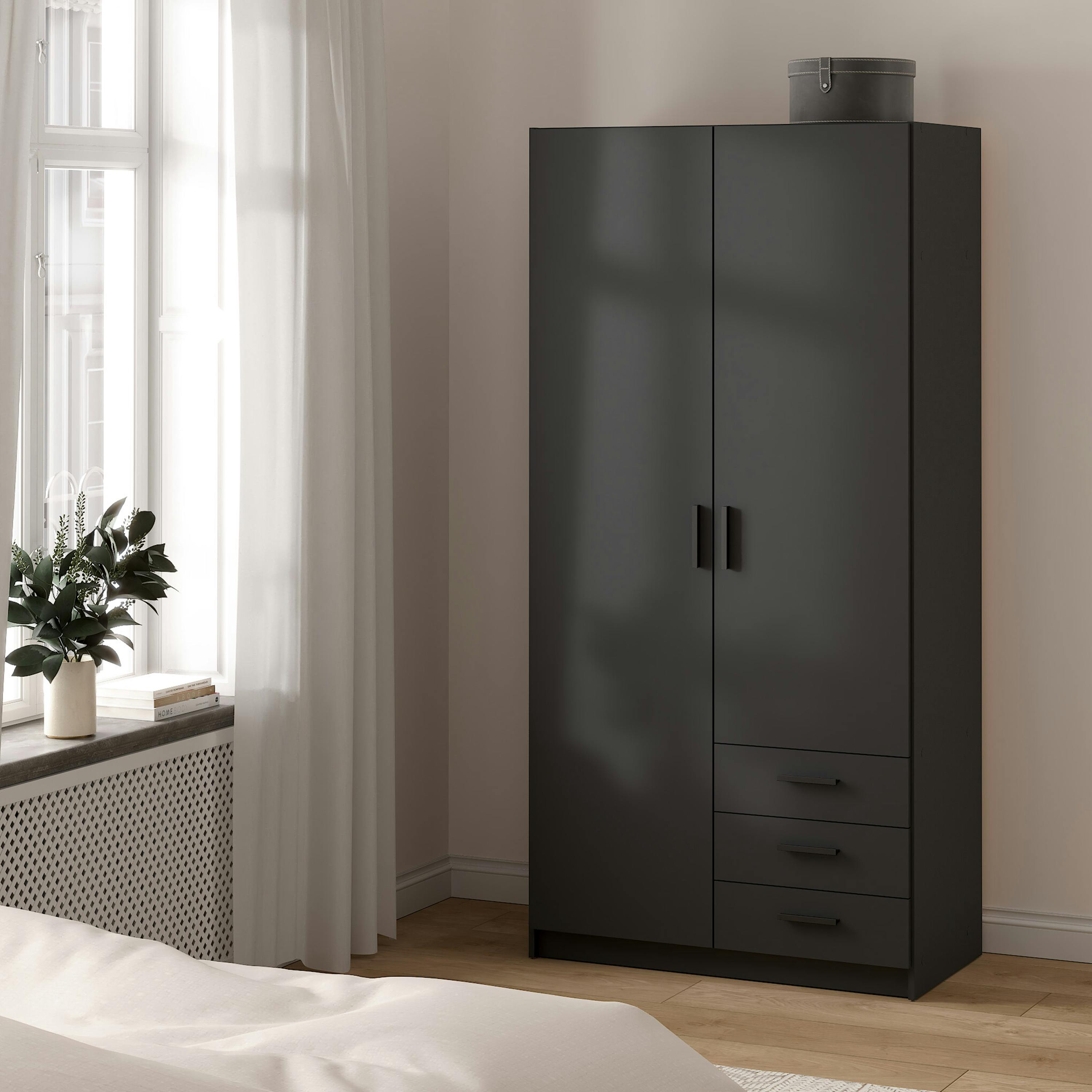 Rackhams Grey Sprint Wardrobe With 2 Doors + 3 Drawers In Matt - W 98.5 X H 200.4 X D 49.8Cm - Malemine