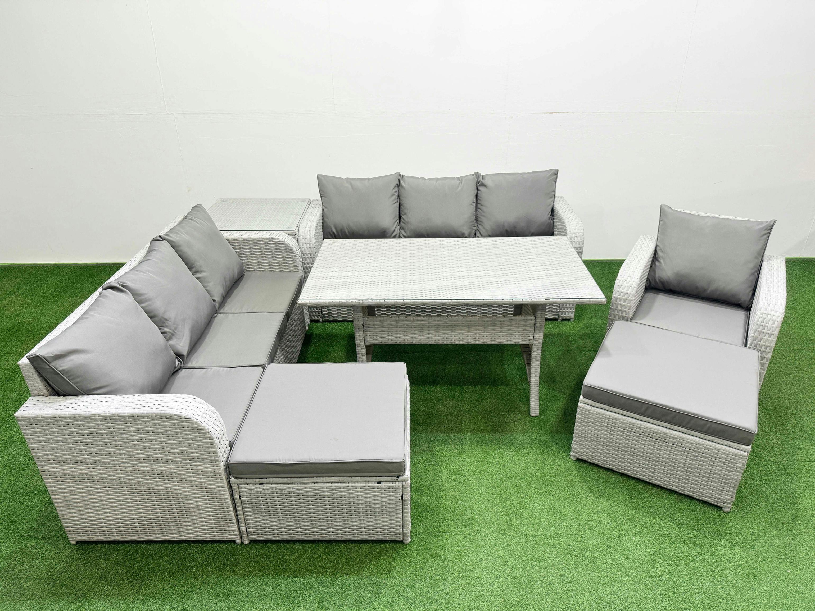 Fimous Light/Grey 9 Seater Poly Rattan Garden Furniture Patio Set, Dining Table, 3 Seater Sofas, Reclining Chair, 2 Big Footstools, Side Table,