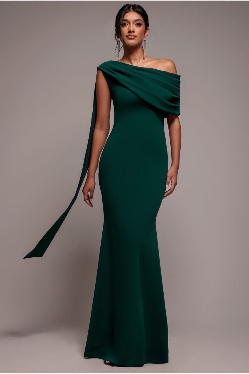 Goddiva Green Sash One Shoulder Bardot Maxi Dress - Emerald By - Emerald - 18
