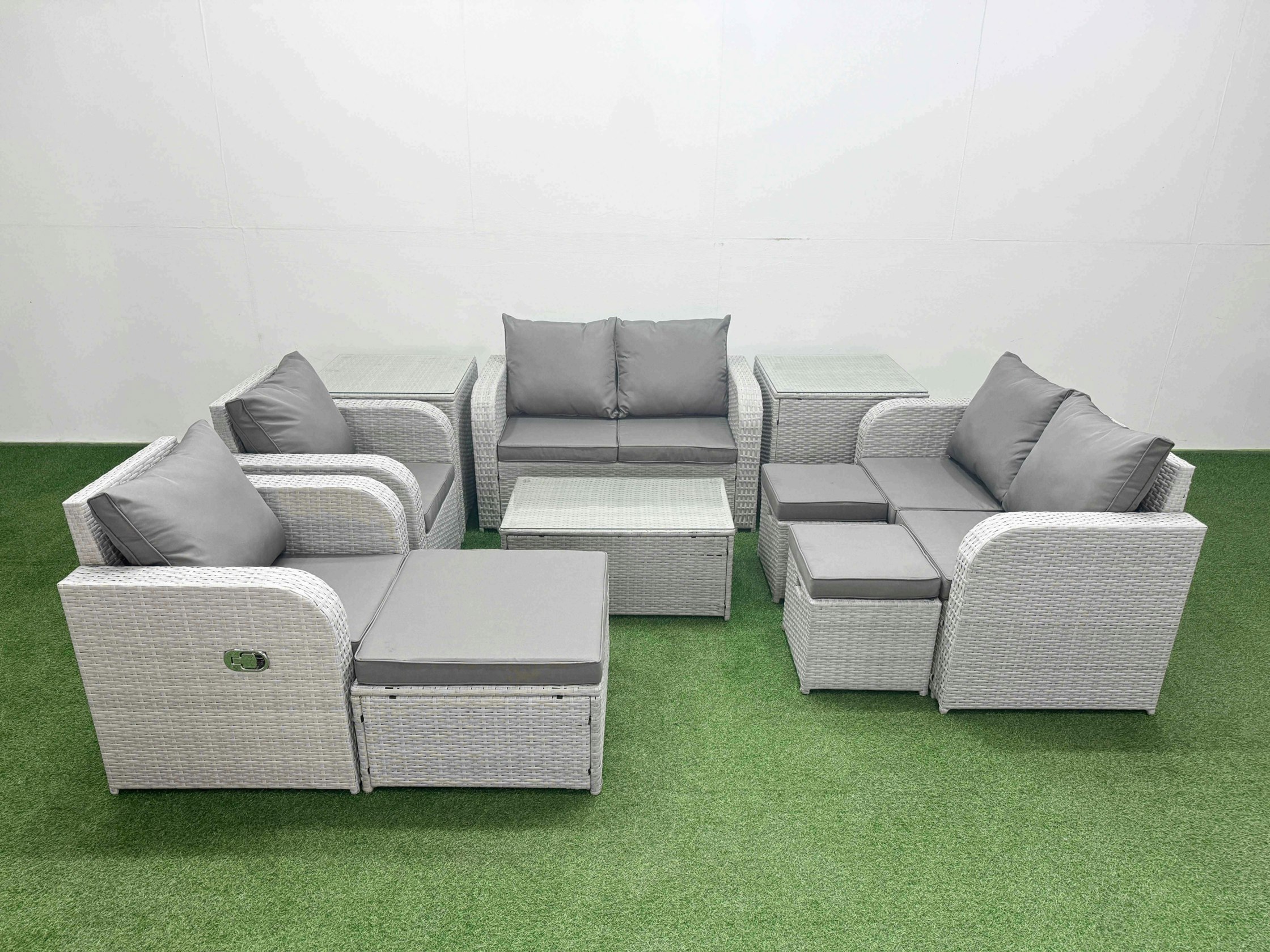 Rackhams Light/Grey 9 Seater Outdoor Reclining Chair Love Sofa Set Rattan Garden Furniture Set With Rectangular Coffee Table 3 Stools 2 Side Table