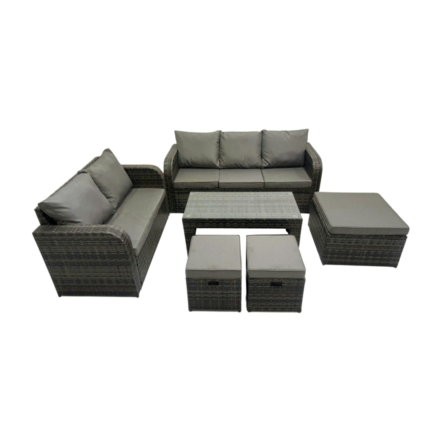 Fimous Dark/Grey Rattan Garden Outdoor Furniture Set 3 Seater Sofa Love Sofa Coffee Table With 3 Footstools Mixed