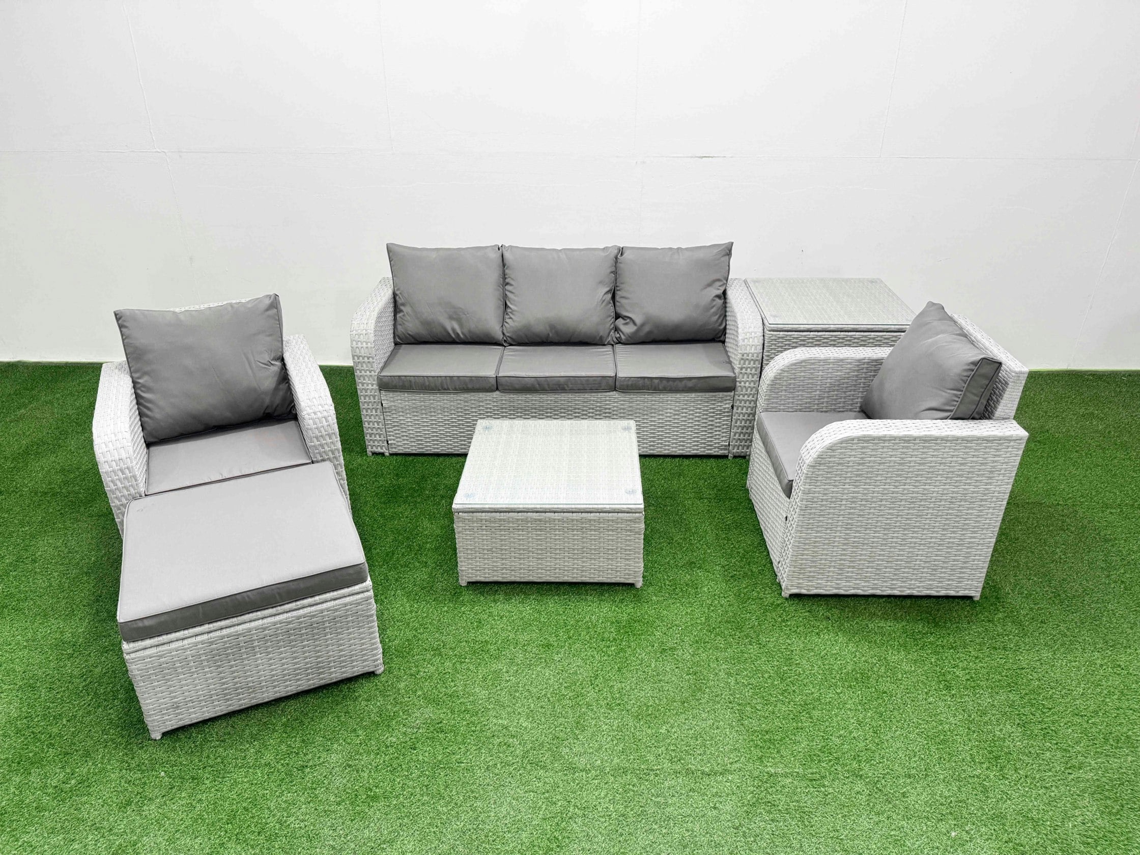Rackhams Light/Grey Pe Rattan Garden Furniture Set Reclining Chair Sofa Lounge Sofa Set Square Coffee Table Side Table Big Footstool