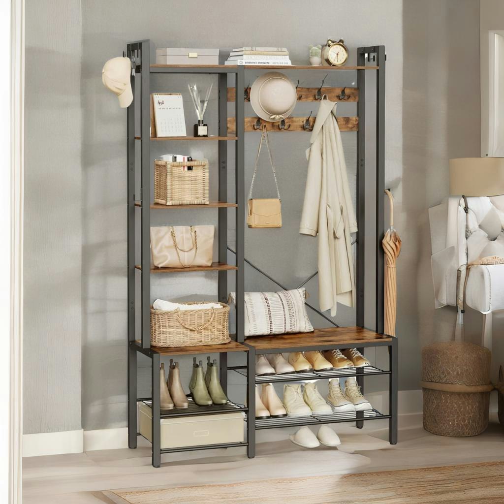 Rafaelo Mobilia Brown Hall Tree Coat Rack With Shoe Storage
