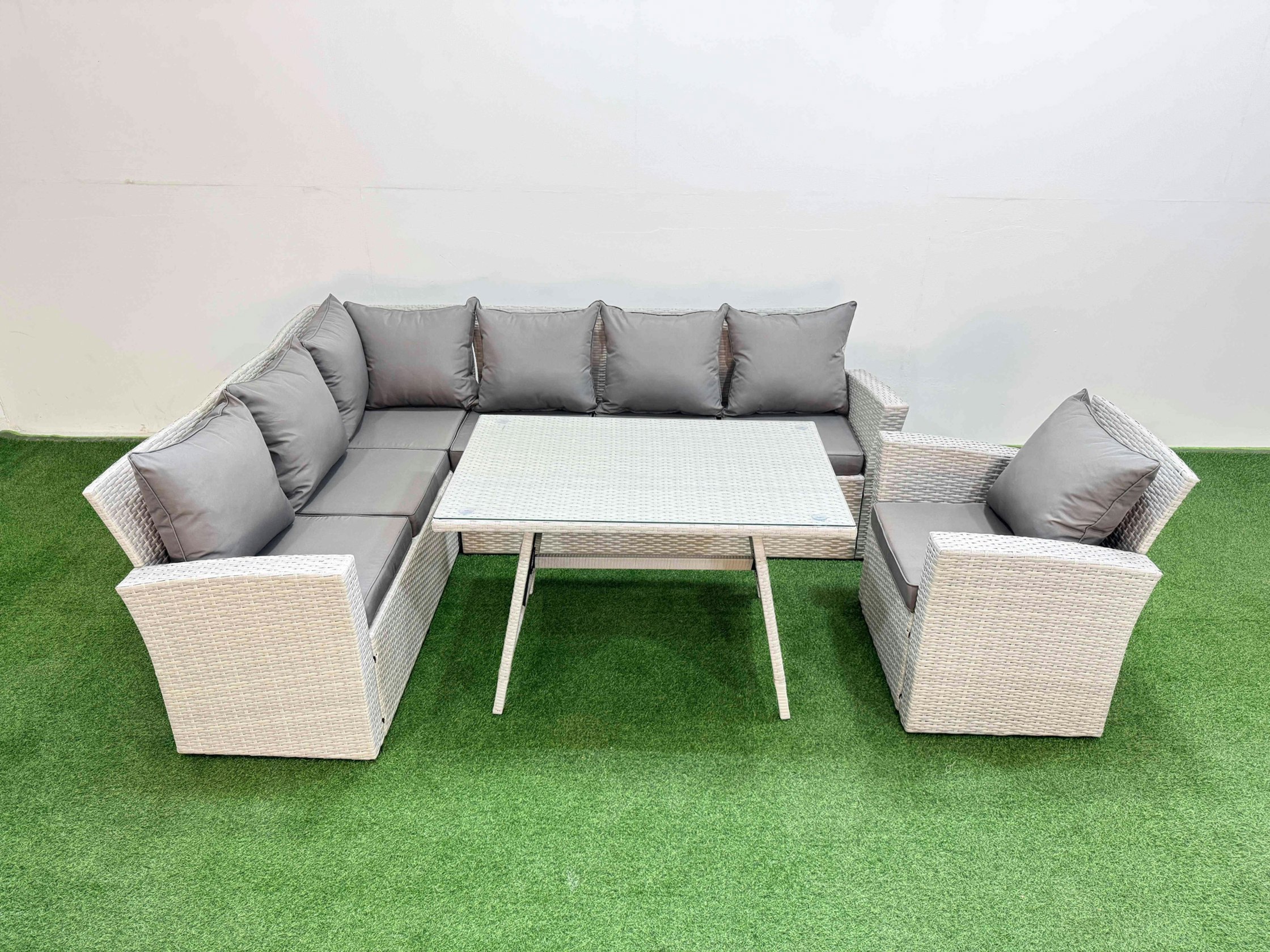 Fimous Light/Grey Garden Outdoor Rattan Furniture Set Rattan Corner Sofa Oblong Dining Table With Armchair Mixed 7 Seater